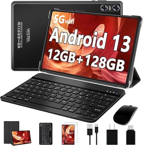 YESTEL Tablet Android 13 de 10 pulgadas con 12 GB de RAM + 128 GB de ROM, expansión de 1 TB, procesador octa-core de 2.0 GHz, pantalla IPS HD,