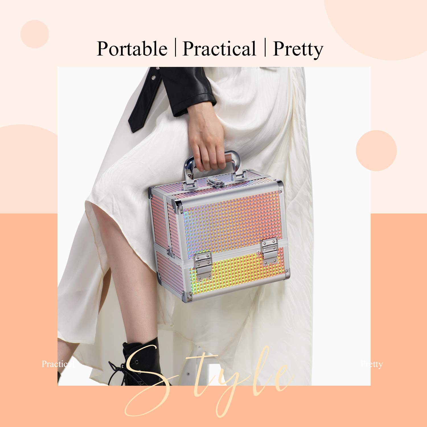 Joligrace Makeup Box Cosmetic Train Case for Women Travel Jewelry Organizer with Compartments & Mirror Portable Lockable Make-up Trunk Shiny Style