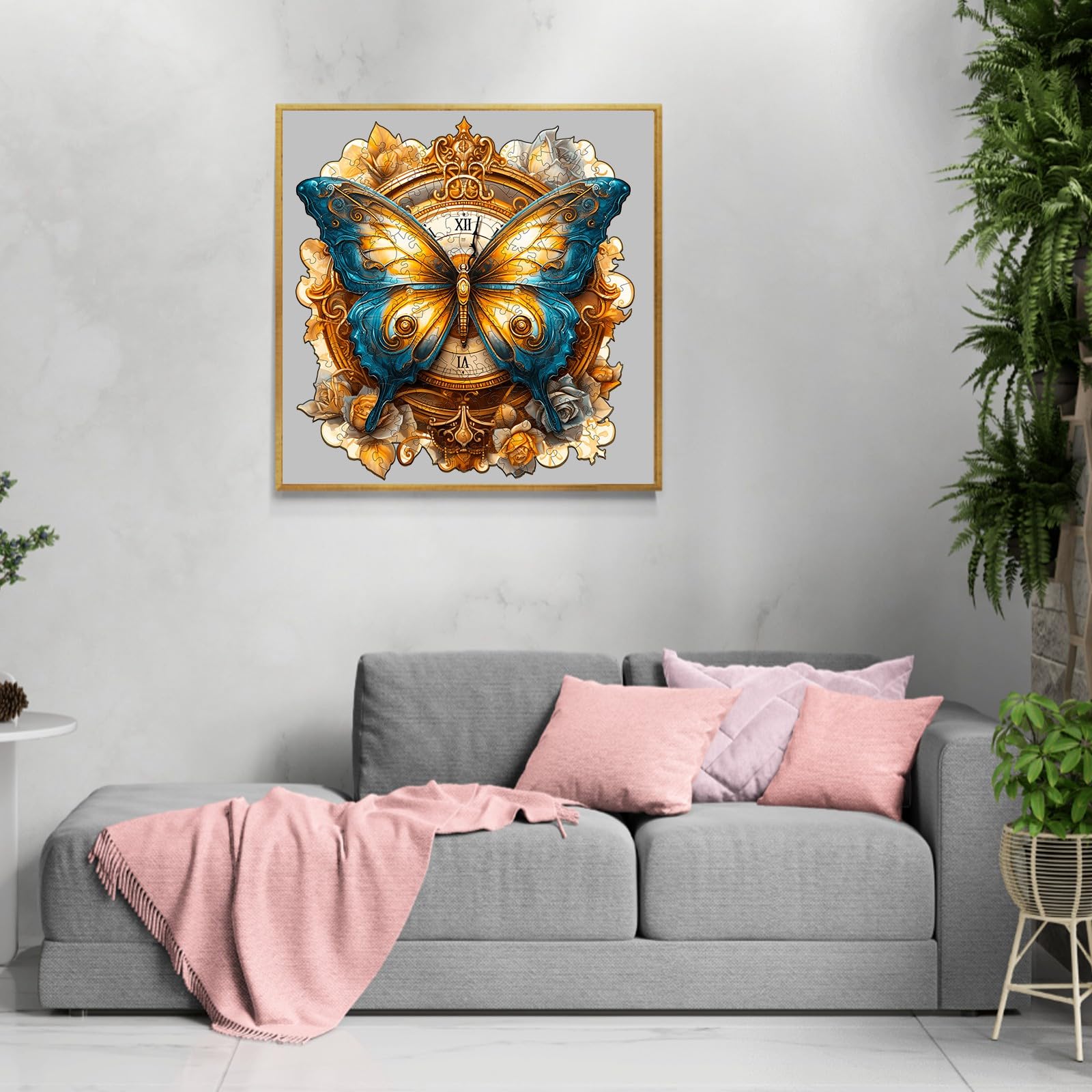 Puzzle in legno per adulti, 270 pezzi, orologio a farfalla, 34 x 31,7 cm, puzzle in legno, irregolare e unico, a forma di animale, con confezione regalo in legno