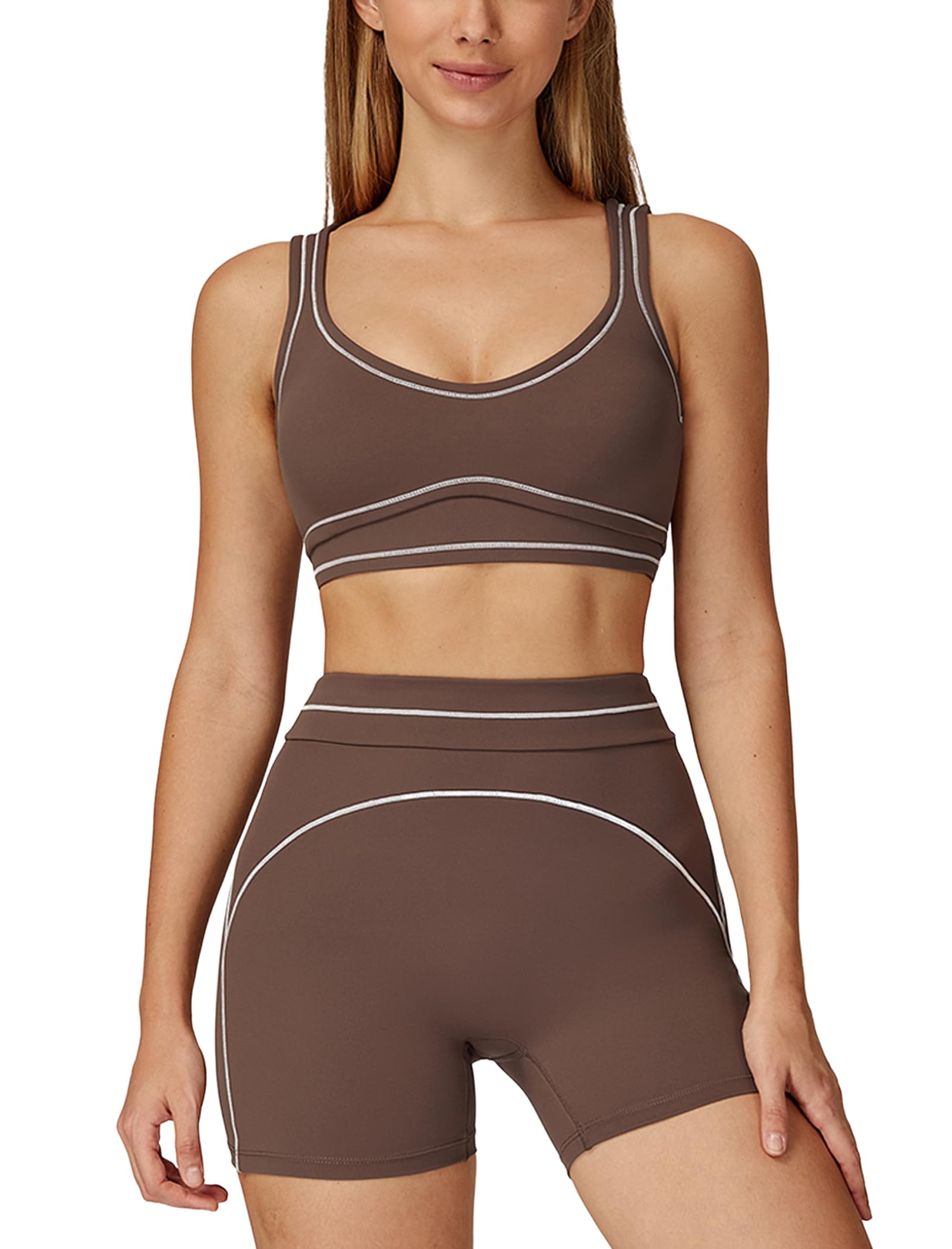 ABOCIW Womens Workout Sets Contrast Trim Sports Bra Matching High Waist Shorts 2 Piece Gym Yoga Pilates Outfits