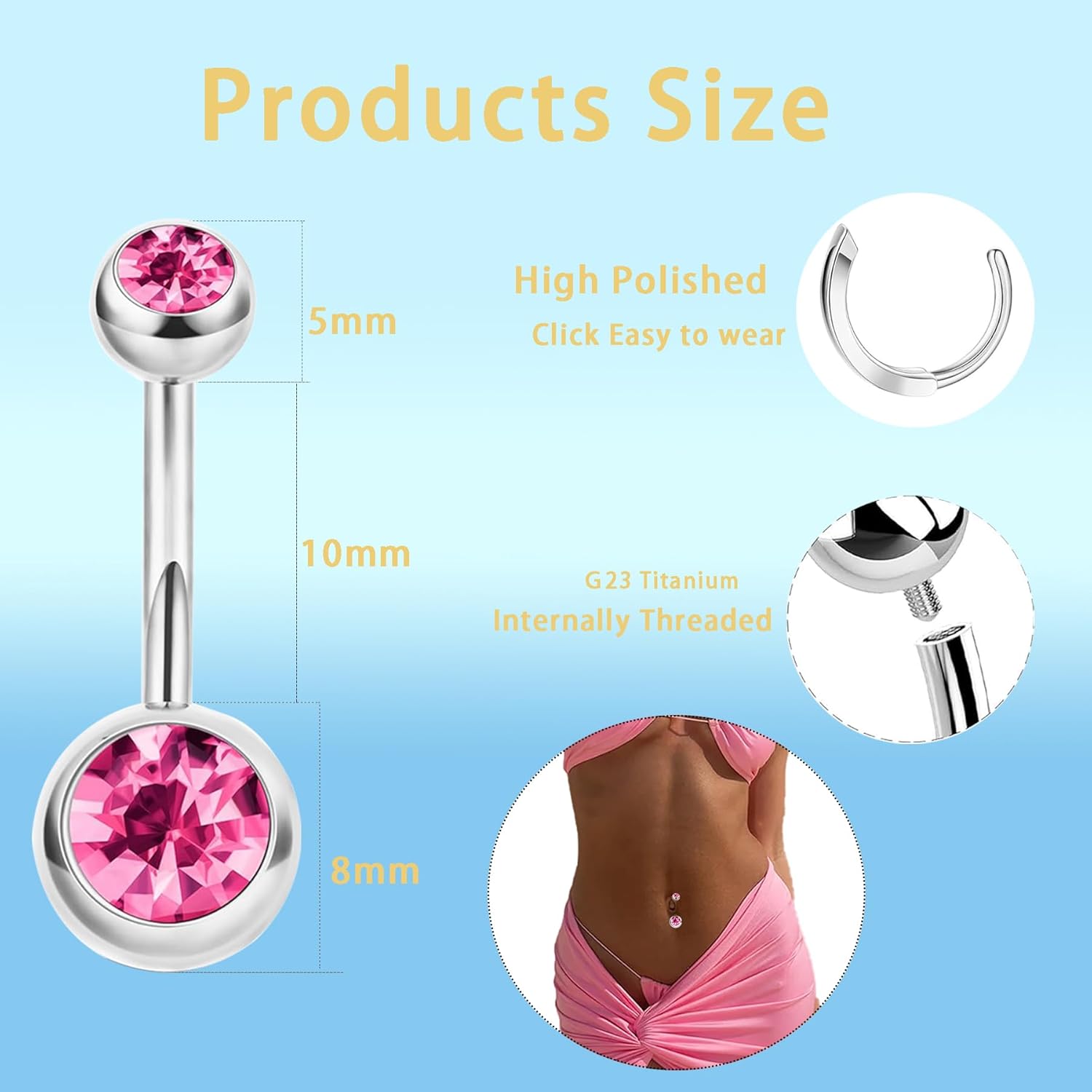 TIANCI FBYJS 3pcs G23 Titanium Pink Belly Button Rings Internally Threaded 10mm Clicker Reverse Curved Hoop Navel Barbell Piercing Jewelry CZ Belly Rings for Women Men - Image 3
