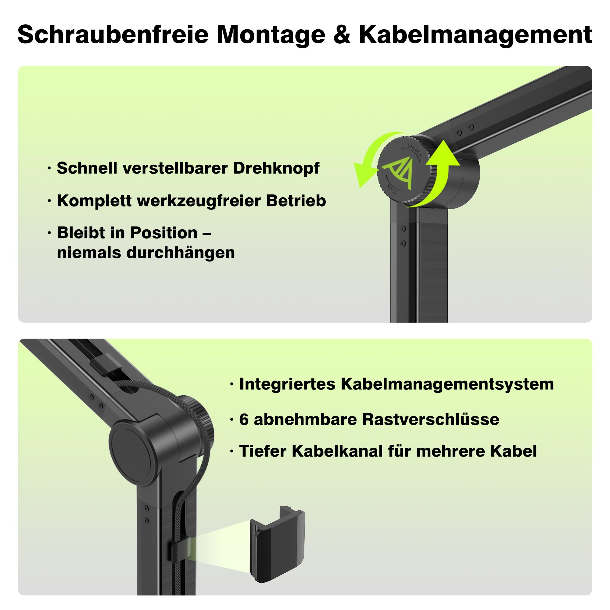 AA AUDIO ACCESSORY Passend für Shure SM7B, SM7dB & MV7 – Mikrofon-Arm ohne Durchhängen, 950 mm Reichweite, 3 kg Tragkraft, Zahnrad-Verriegelung Tischhalterung, kompatibel mit Blue Yeti, Rode & Co.