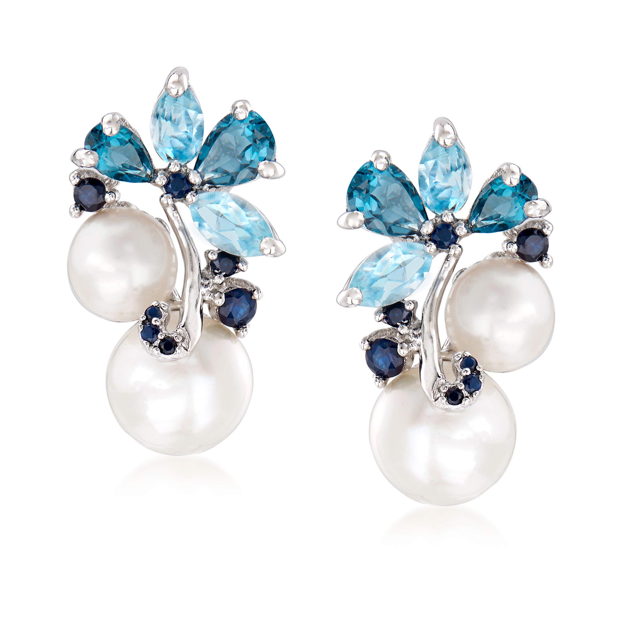 Ross-Simons6-8.5mm Cultured Pearl and 2.00 ct. t.w. Sky Blue Topaz and London Blue Topaz Earrings With .10 ct. t.w. Sapphires in Sterling Silver