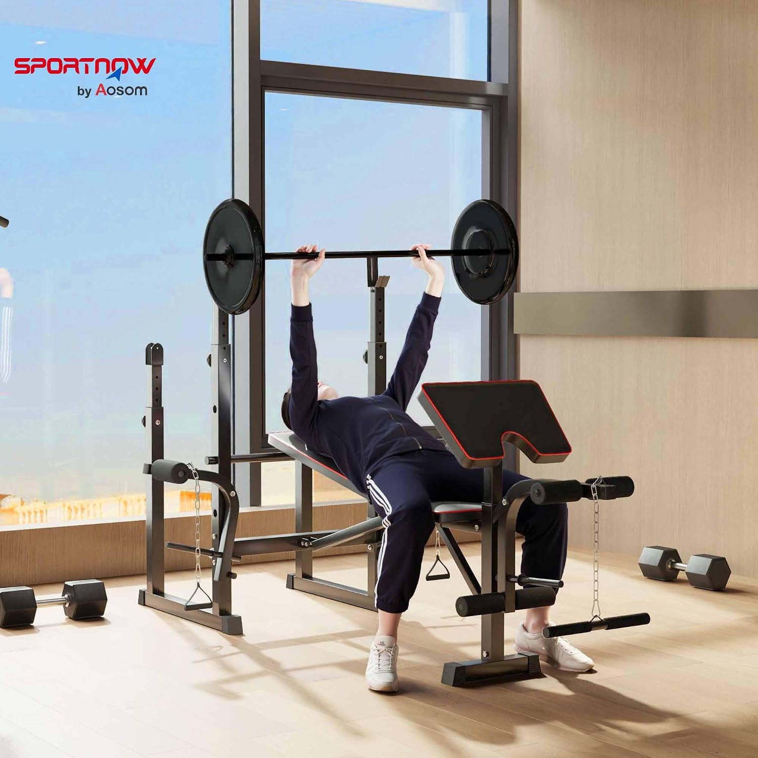 A person performing a bench press on the Soozier Weight Bench in a home gym setting
