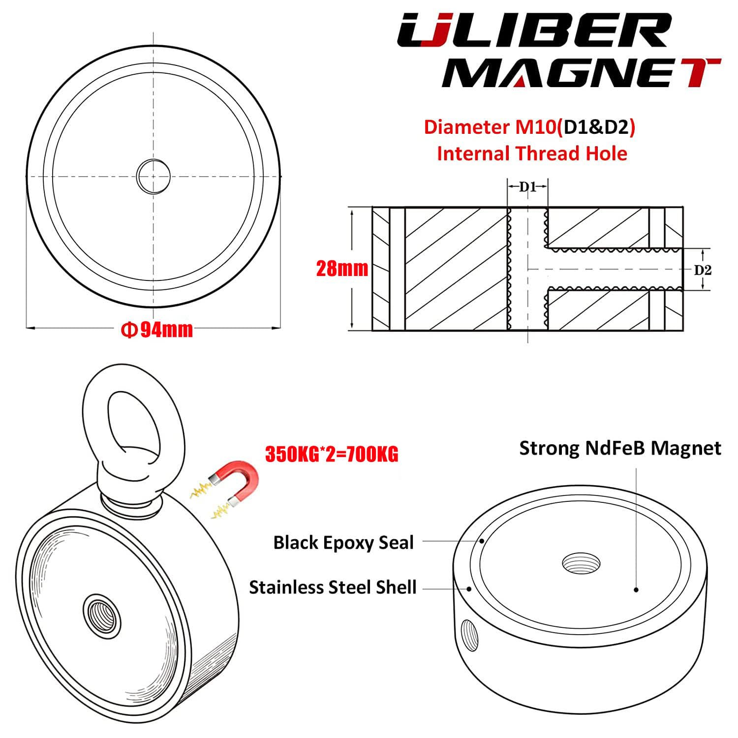 ULIBERMAGNET Aimants de pêche double face super puissants