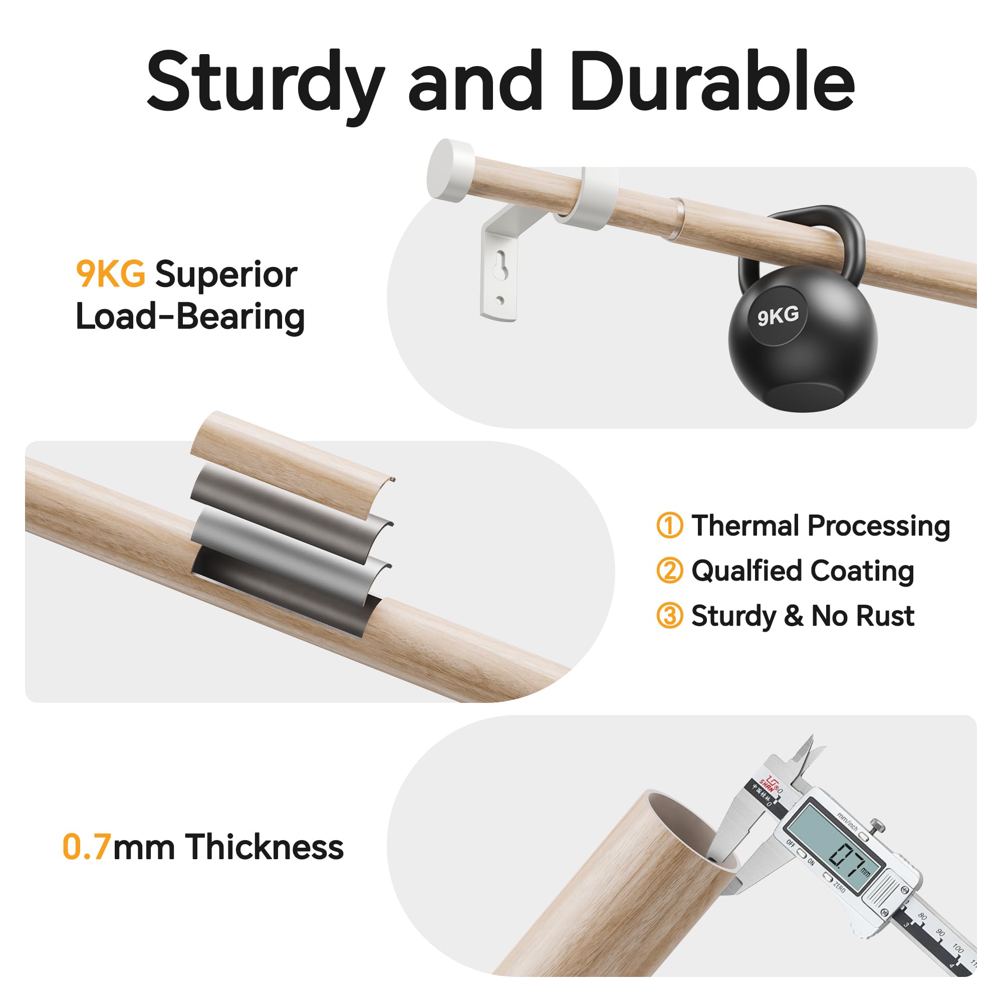 Bastoni Per Tende Con Venature di Legno 70-135 CM, Bastone Tenda Estensibile da 19 MM con Terminale Bianco, Bastone Tenda in Metallo Per Tende con Occhielli, Decorazioni Eleganti per Balconi, Cucine