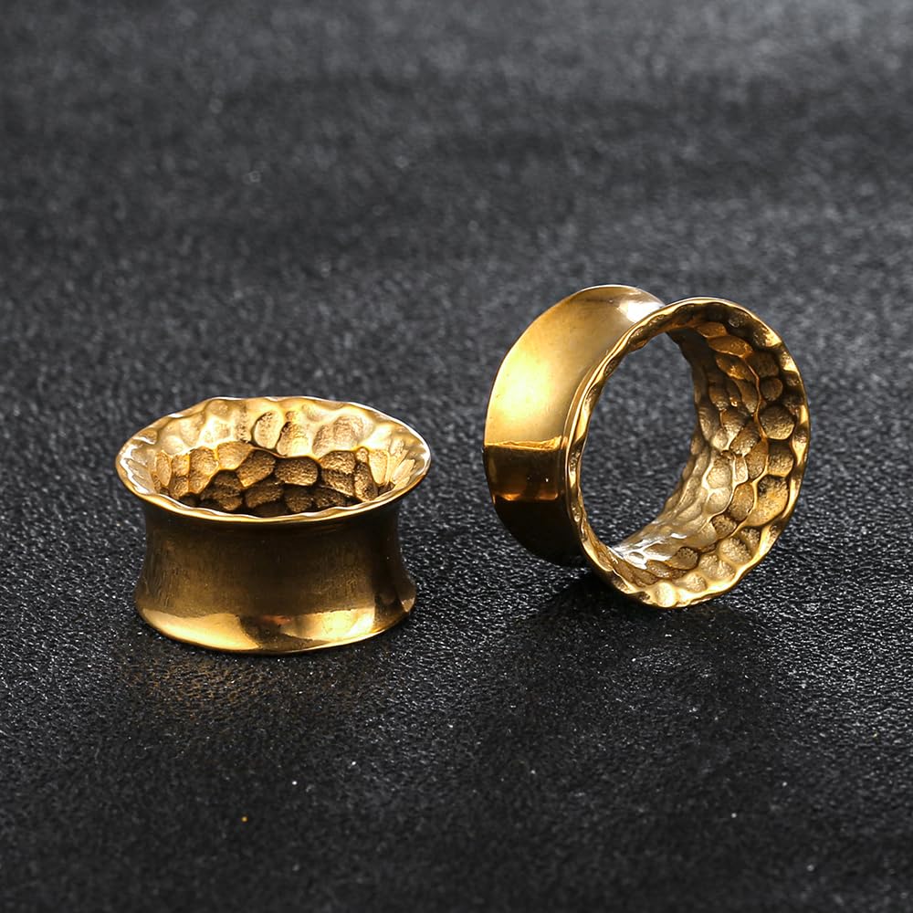 Casvort 2 dilatadores de oreja clásicos martillados hipoalergénicos de 2G-1 pulgada, acero inoxidable quirúrgico 316, cómodos túneles de oreja con doble acampanado, joyería para piercing corporal