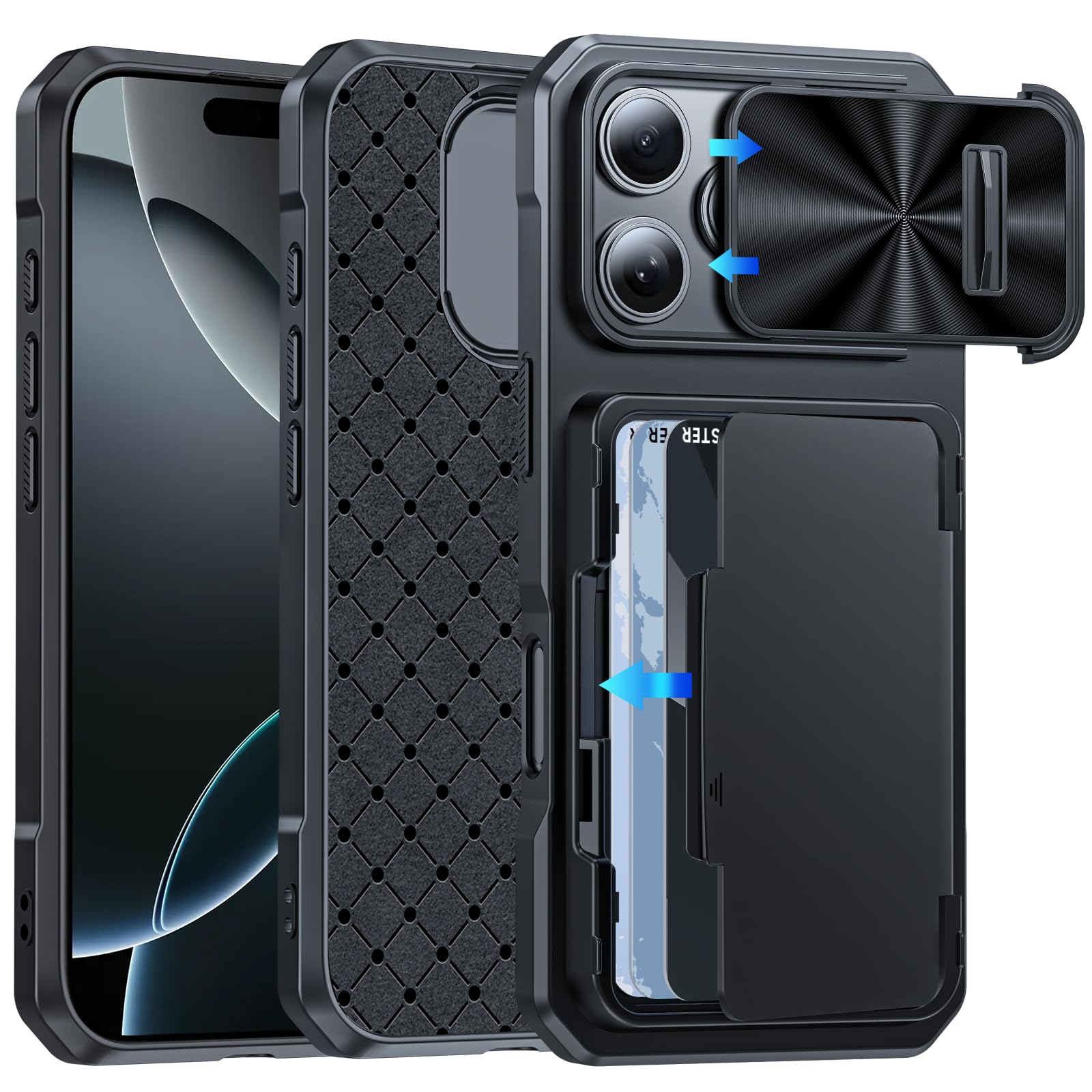 BSNRM for iPhone 16 Pro Wallet Case with Card Holder (4-5 Cards), Built-in RFID Blocking & Camera Cover, Slim Fit Stylish Silicone Shockproof Cover for Women Men Compatible with iPhone 16 Pro (Black)