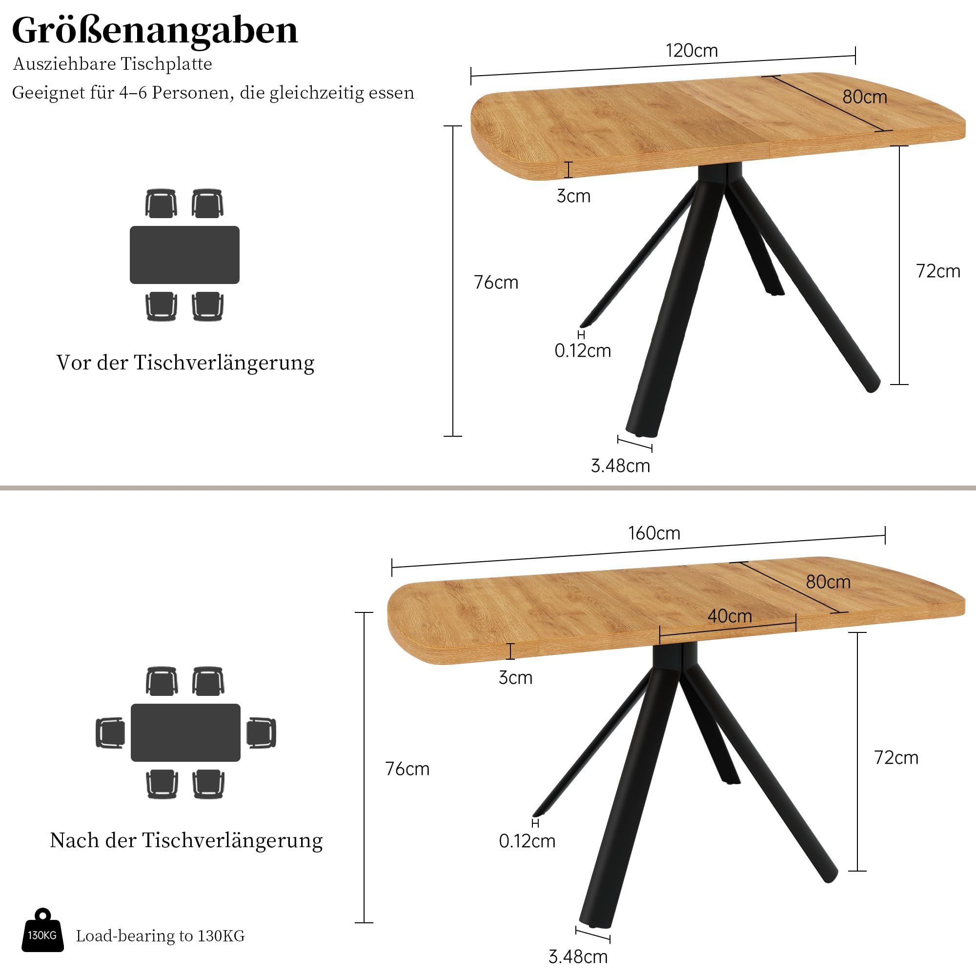 JIEXI Esstisch ausziehbar, moderner Ausziehtisch 120-160 cm für 4-6 Personen, Küchentisch in Eiche-Optik mit schwarzem Metallgestell, Esszimmertisch für Küche Esszimmer Wohnküche