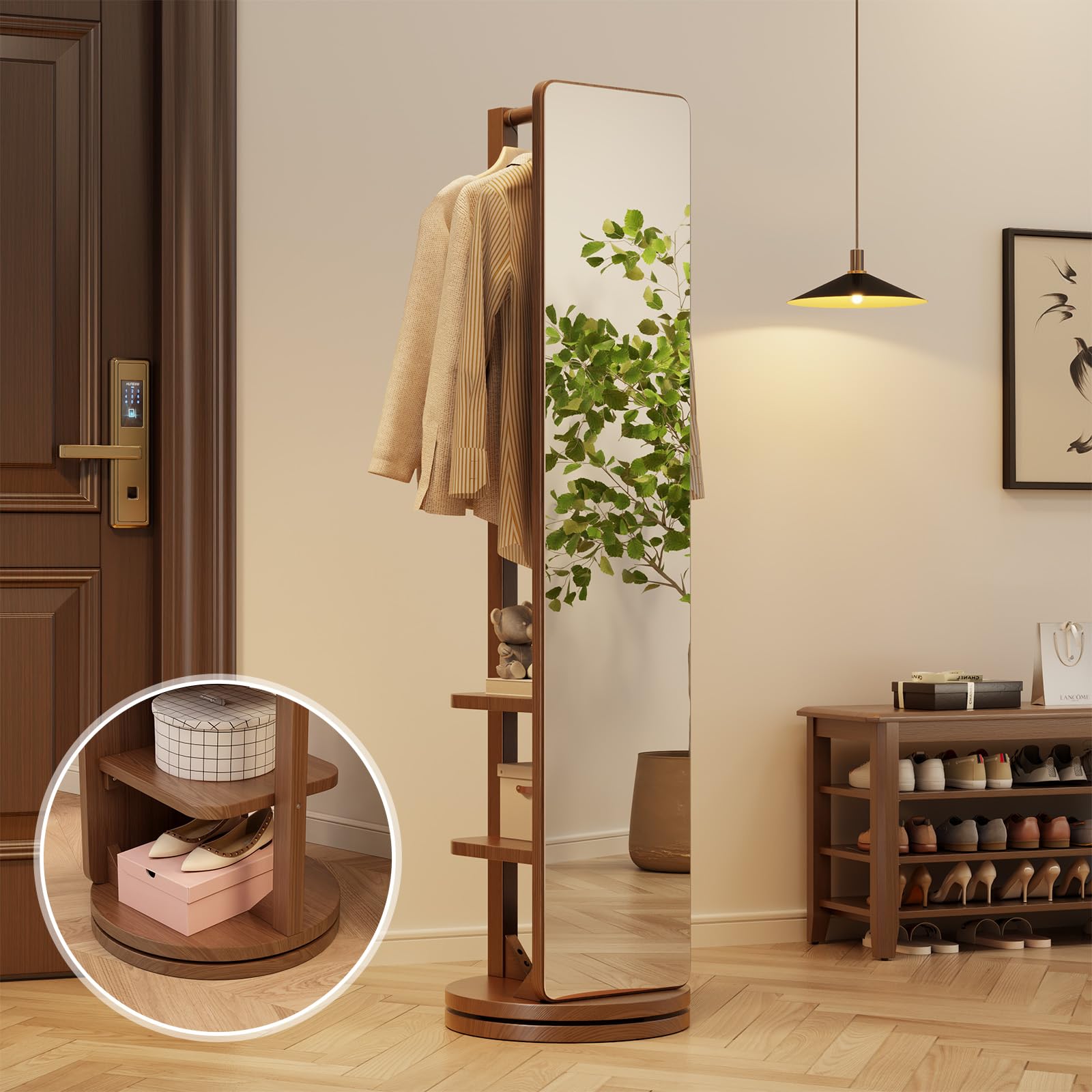 Full Length Mirror Coat Rack Solid Wood Floor Mirror 66