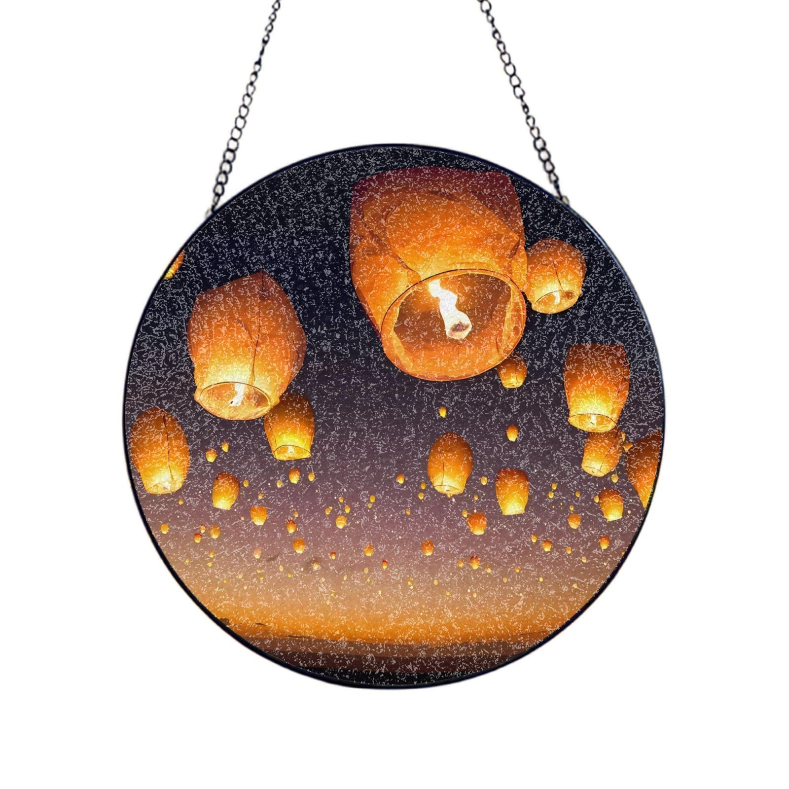 Phayah Chinese Flying Lanterns Print Glass Window Hanging Sun Catchers Suncatcher Decor For Birthday For Home Garden Porch 10in（25cm）