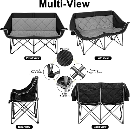 Miniatura 4 de Romswi Silla de campamento doble, silla de campamento para 2 personas, sofá biplaza plegable de gran tamaño, sofá de campamento resistente y sofá al