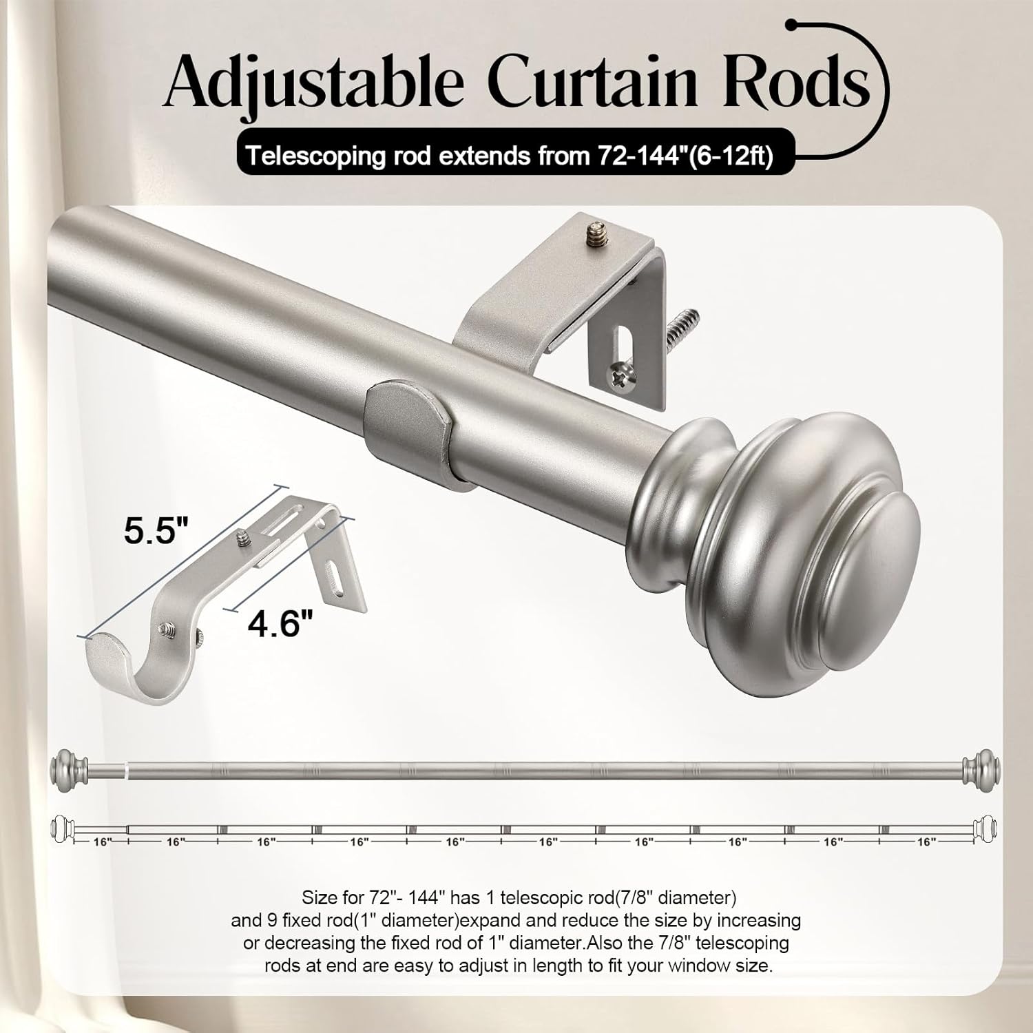 Heavy Duty Curtain Rods 72 to 144 Inches, 1 Inch Silver for Bedroom, Living Room, Patio, Kitchen, Adjustable With Classic Finials, Silver Finishing