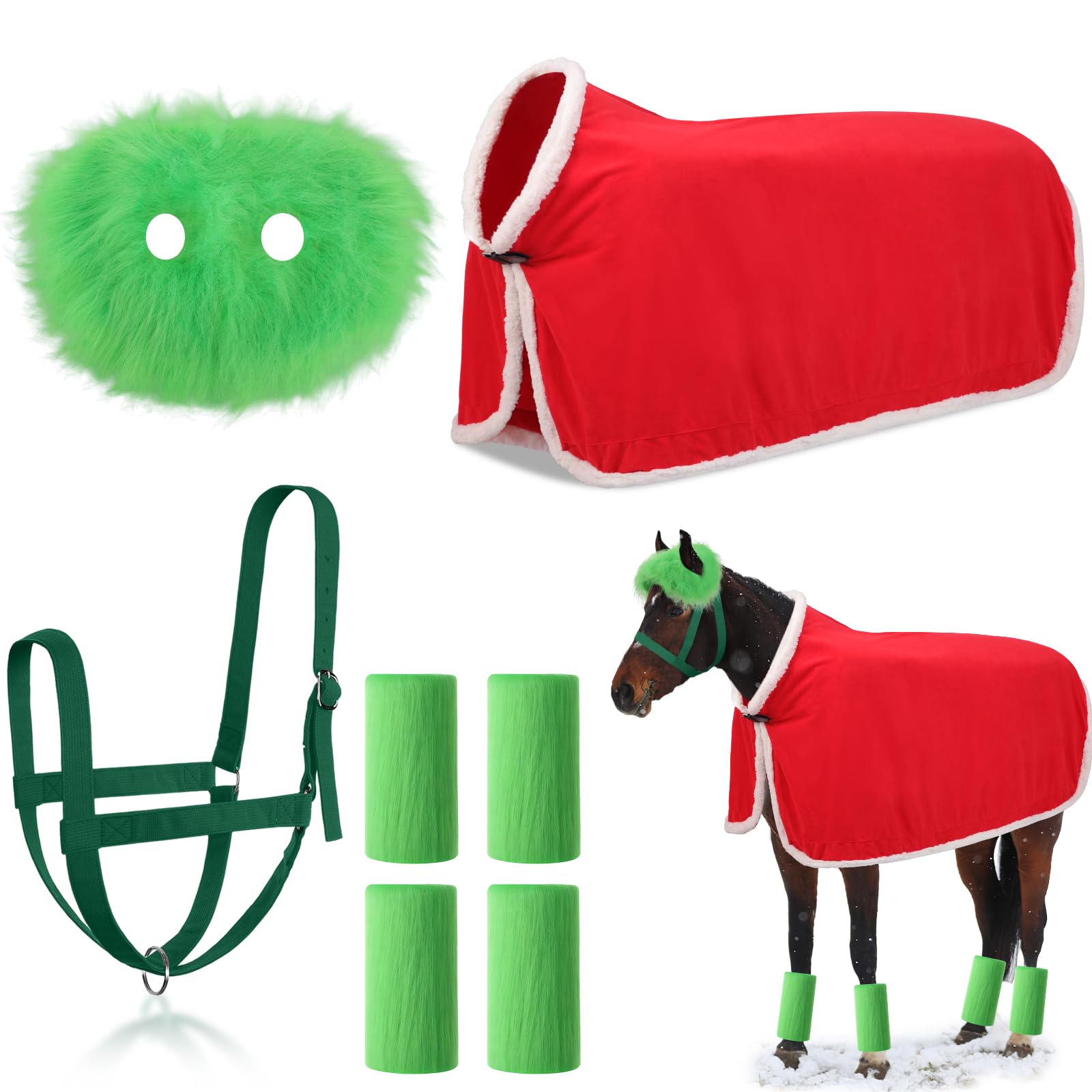 Paterr 7 Pcs Christmas Horse Accessory Set Xmas Red Green Santa Elf Horse Cape Halters Leg Wraps Hat Tack Costume Set