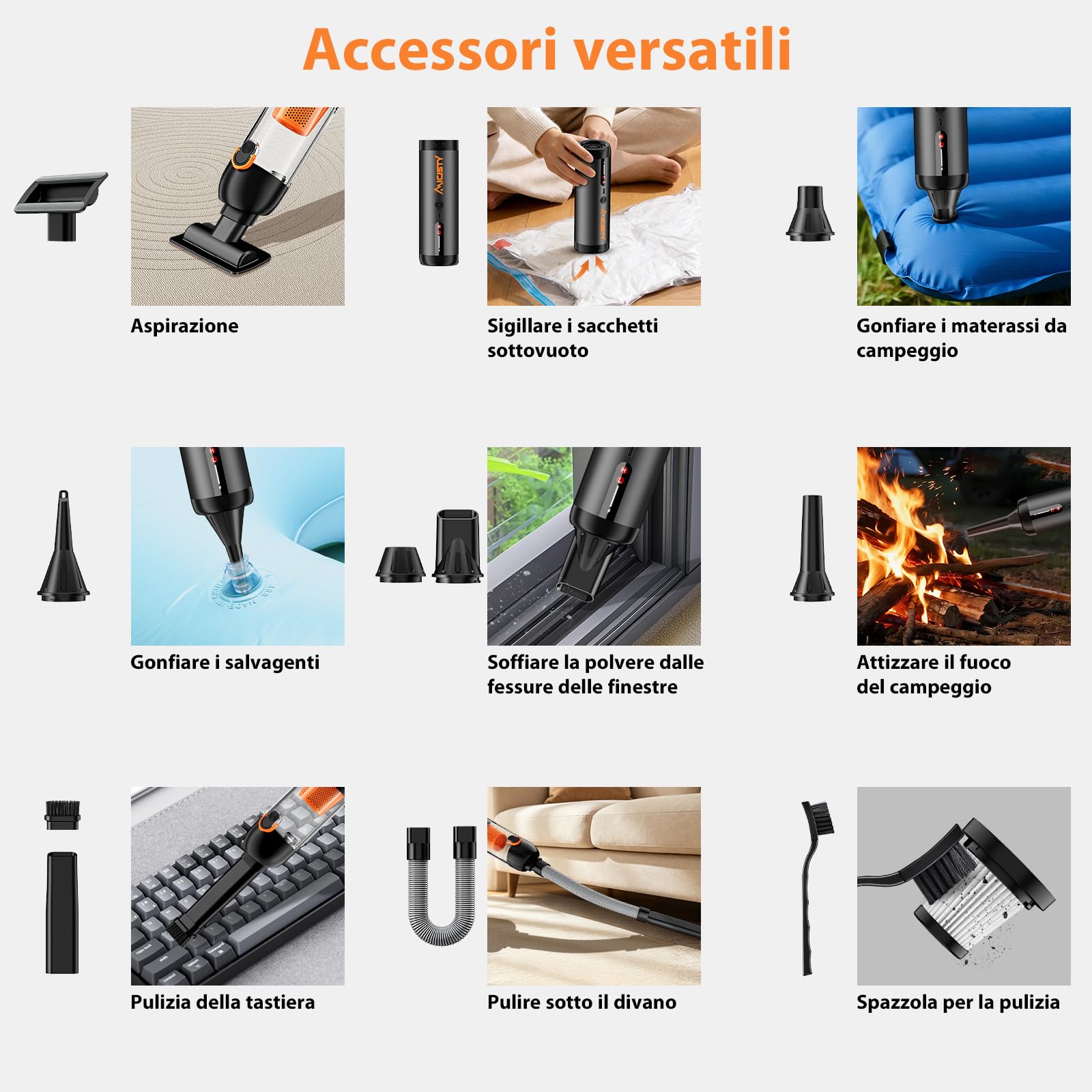 Aspirapolvere per Auto Potente 30.000 Pa, Aspirapolvere a Mano con Batteria 4-in-1 – Senza Fili come Mini Aspirapolvere/Soffiatore/Pompa d'Aria/Pompa a Vuoto, 7800 mAh, Ricarica Rapida