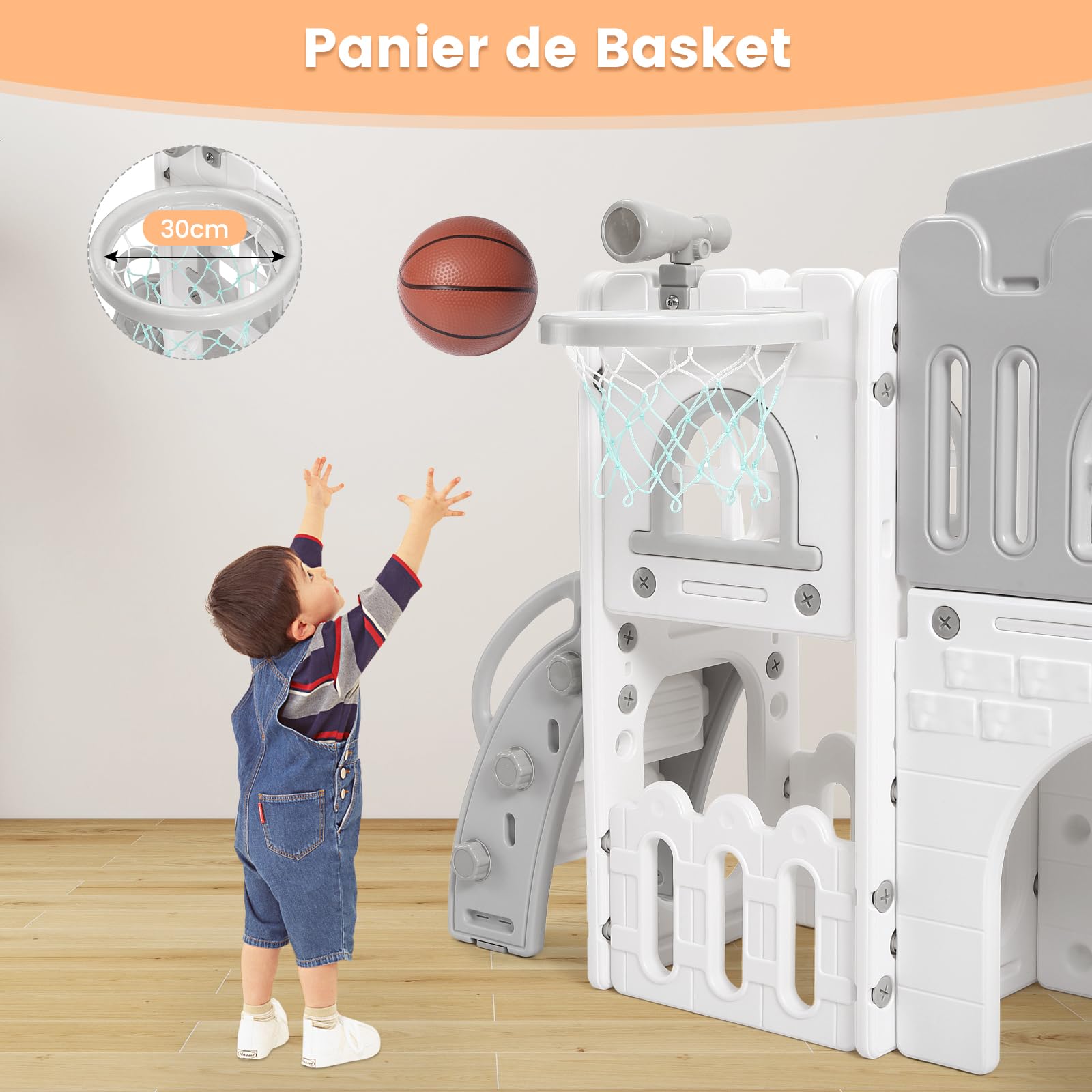 Tobogán Infantil 8 en 1 con Cesta de Baloncesto, Toboganes Infantiles Exteriores y Interiores con Escalera de Escalada, Telescopio y Túnel de Juego, Espacio de Almacenamiento, 1+ (Gris)