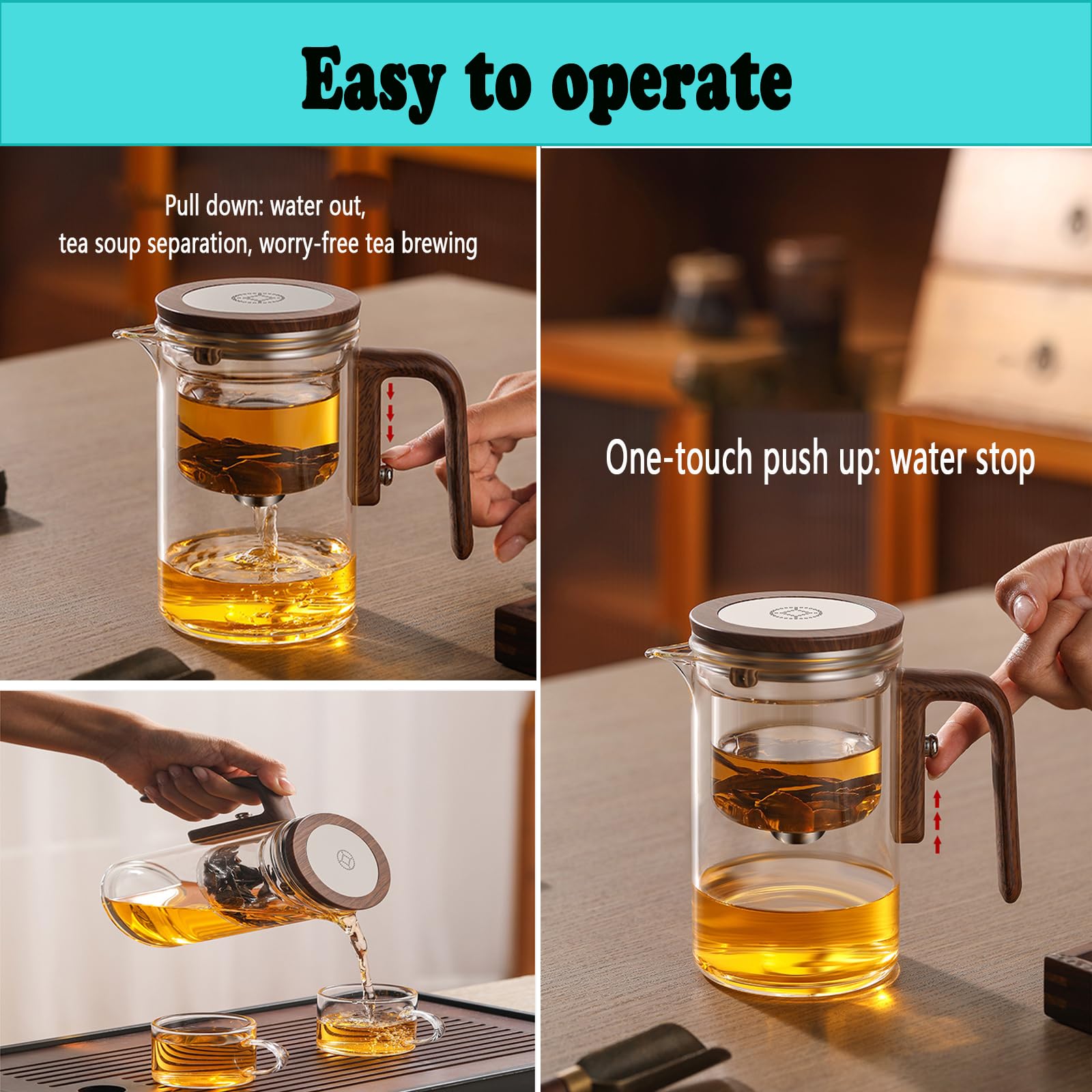 Tea Pot Enchanti-Teekanne, Enchantipot Magic Tea Pot Magische Teekanne mit Wassertrennung, Press Control Magic Tea Pot with Wooden Handle (800 ml - Grau)