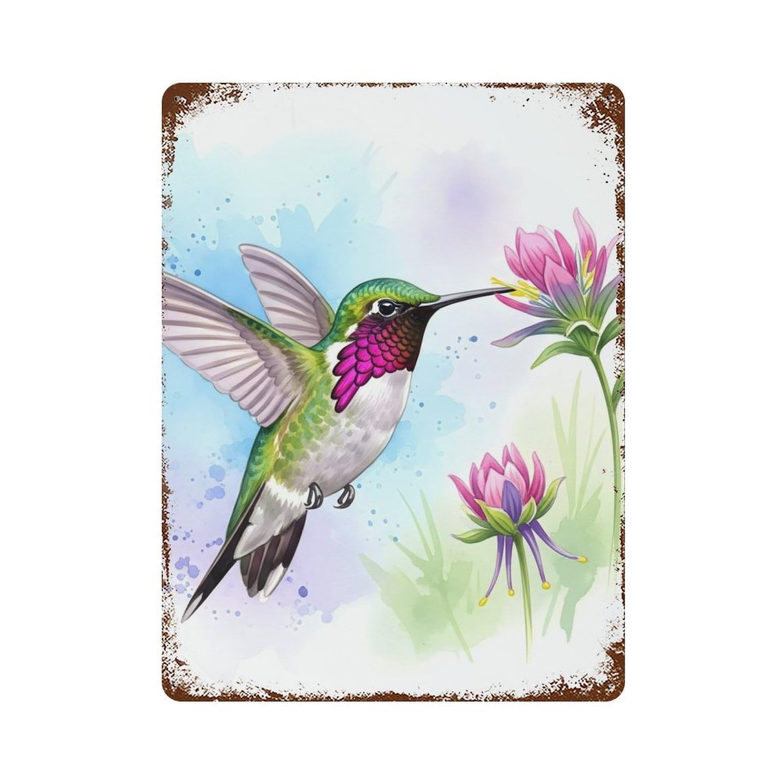 Hummingbird And Flowers Watercolor Illustration Rusty Metal Tin Sign 15.7"x11.8", for Shed, Workshop And Garage Wall Decor, Shabby Chic Decor