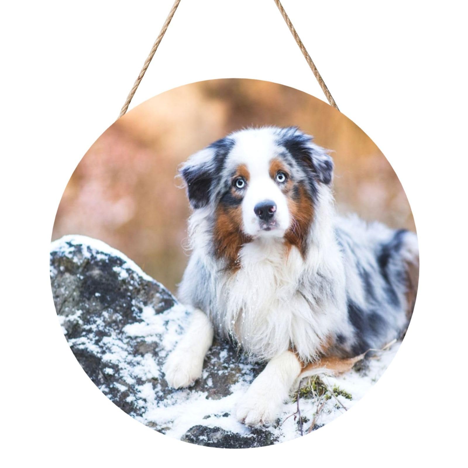 InOmak Australian Shepherd Snow Winter Beautiful Dogs, Round Wood Panel Painting 12 in, Wall Hanging Painting For Home