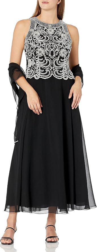 J Kara Womens Sleeveless Scallop Long Beaded Dress with Scarf