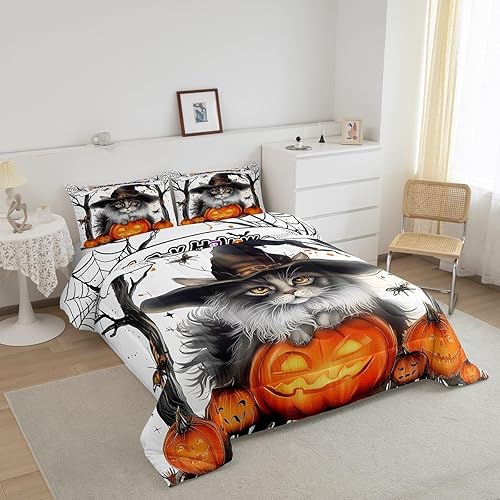 Miniatura 2 de Juego de ropa de cama de Halloween tamaño Queen, lindo juego de edredón con temática de truco o trato, juego de edredón de calabaza de Halloween,