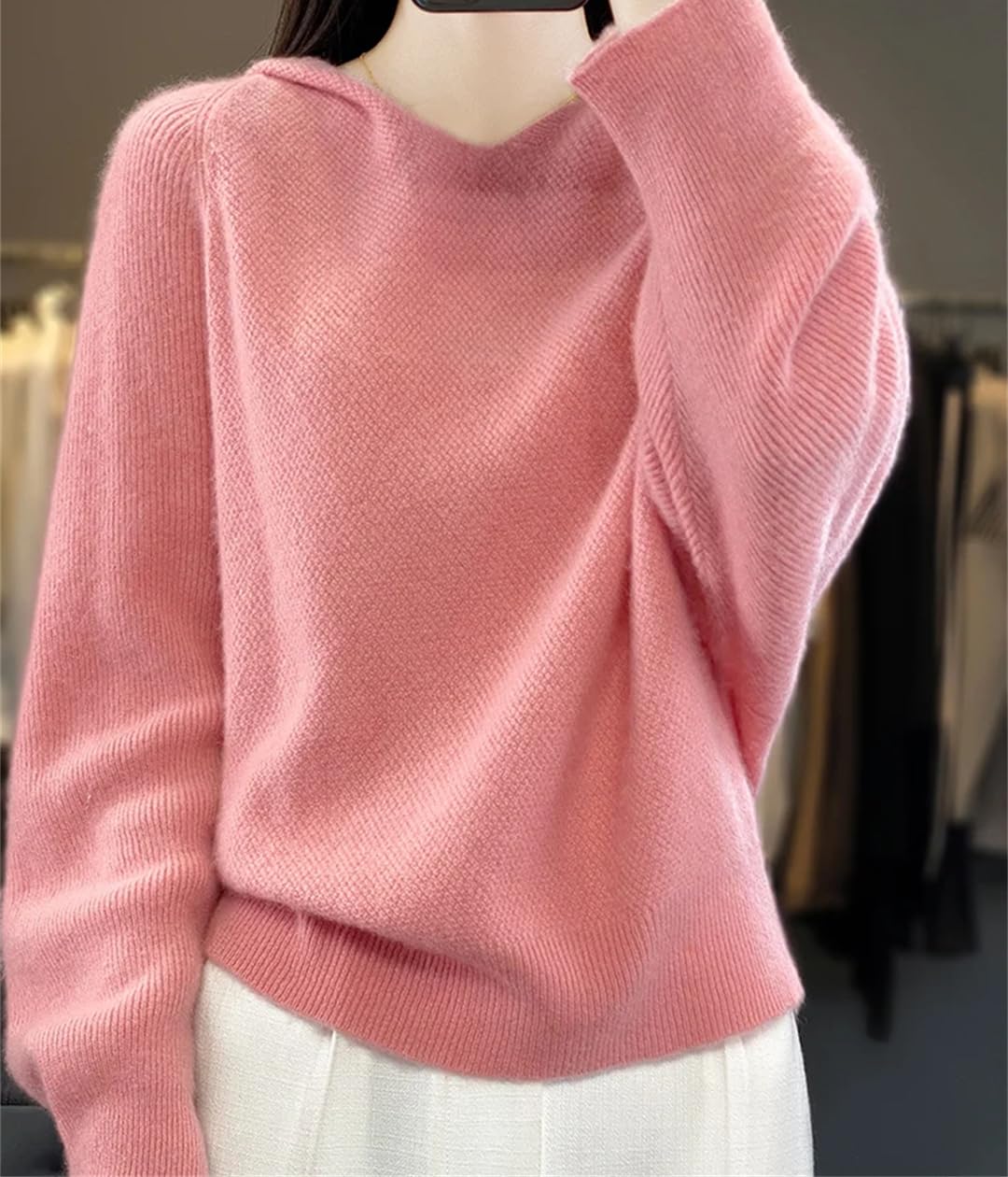 Moda Damska Luźny Sweter Z Długim Rękawem Wełna Merino Mock-Neck Pulower Bluzy Topy