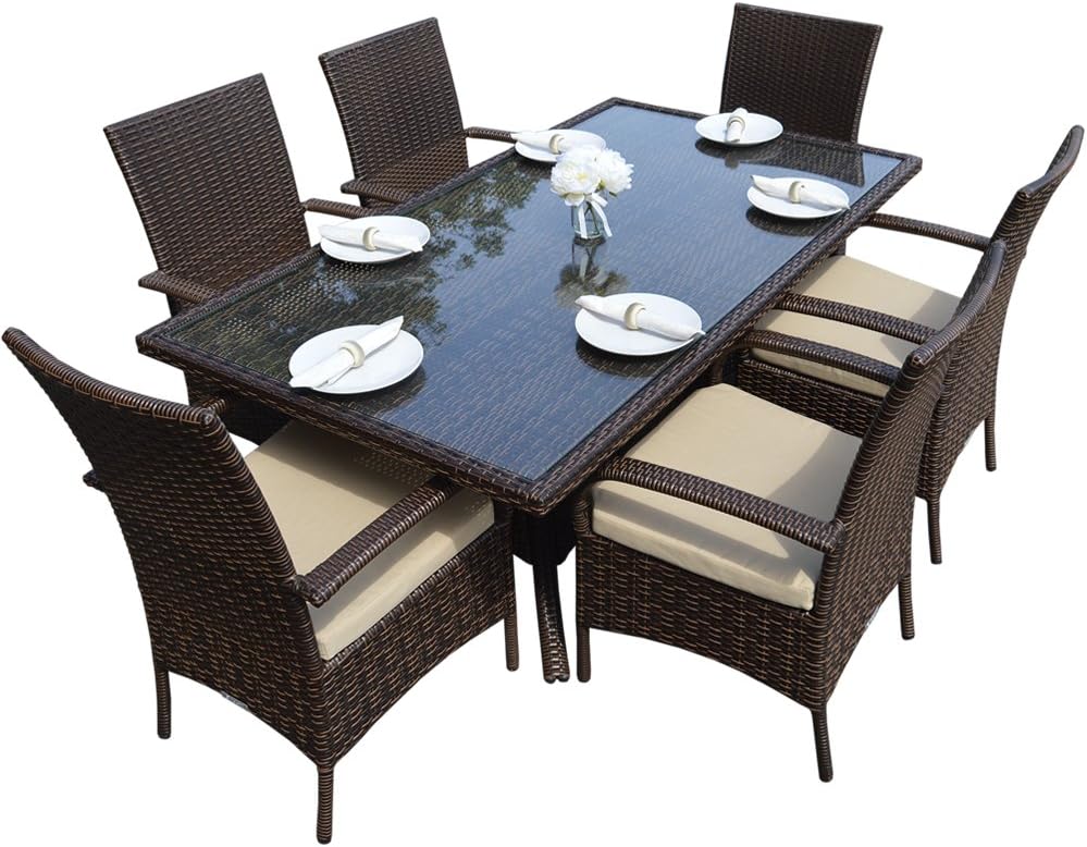 Regent Weather-Resistant Rattan Rectangular Table/6 Chairs Brown Garden ...