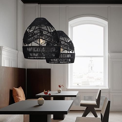 Miniatura 2 de Arturesthome Lámpara de araña negra de metal de cuerda de cáñamo de mimbre, retro hogar colgante lámpara de iluminación de techo dormitorio cocina