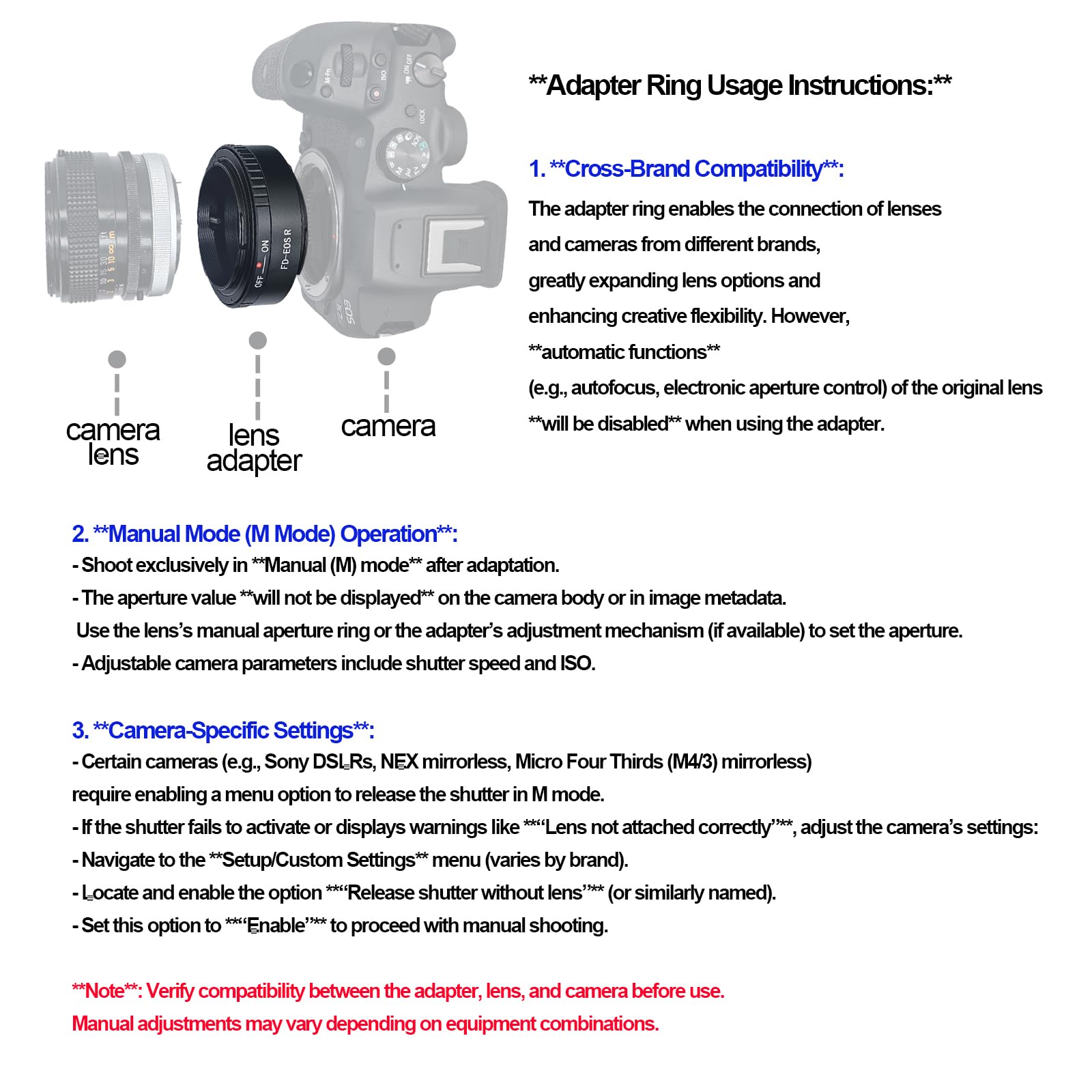 FD-EF R Bague d'adaptation pour Objectif FD/FL Compatible avec Appareil Photo EF R-Mount EF RF RP, FD to EFS R