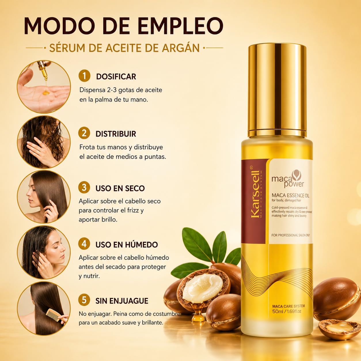 Karseell MACA CARE SYSTEM Sérum Capilar Profesional Aceite de Argán Karité Hidratación Reparación Brillo Antifrizz Alisado Nutritivo Puntas Abiertas Cabello Seco Dañado Teñido Rizado Sin Sulfatos 50ml