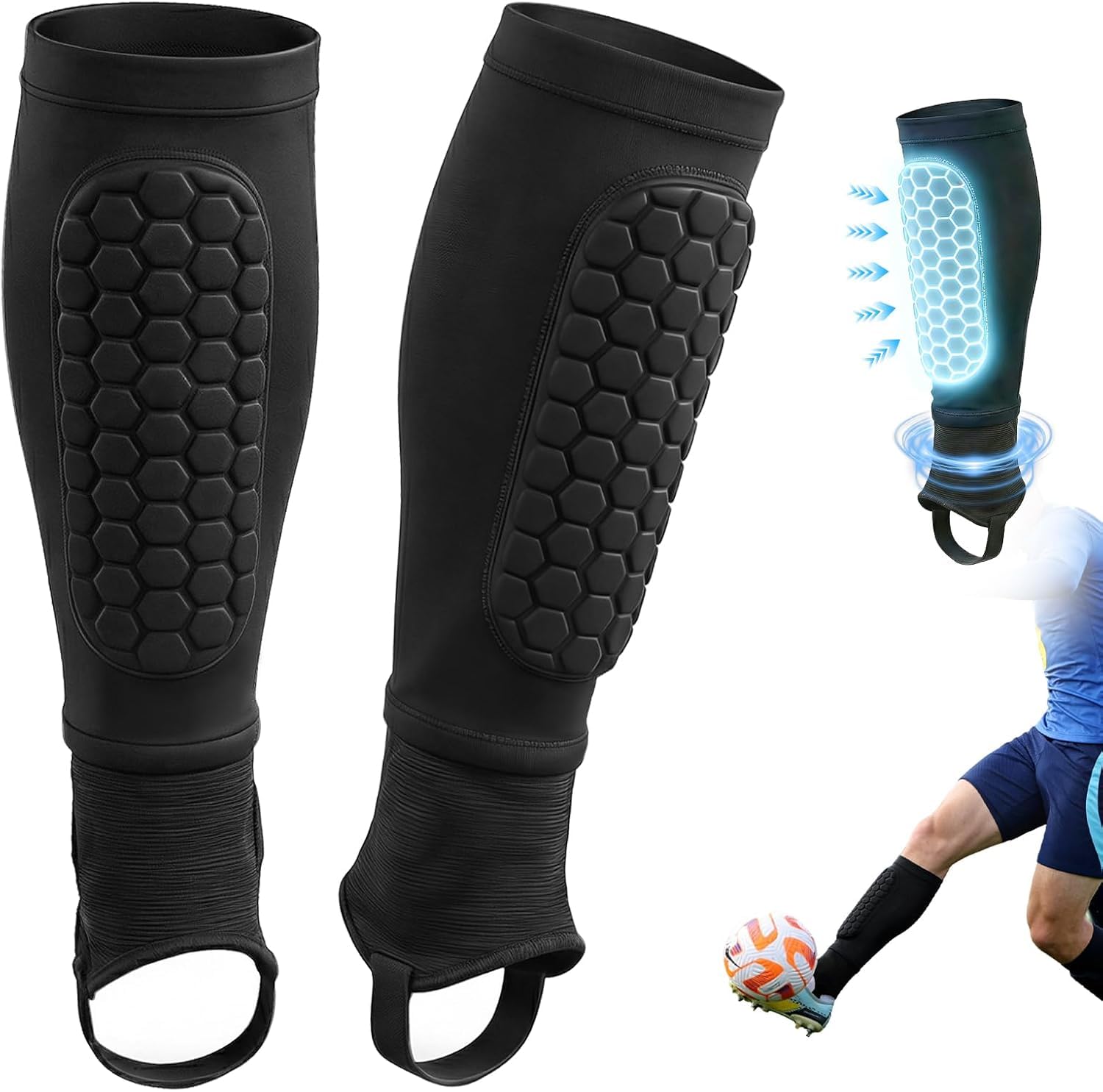 Shin Pads 3-in-1 Shin Pads with Ankle Protection, Stocking with Integrated Shin Pads, with Shin Pads Attachment Straps, Honeycomb Structure for Boys Teenagers Adults (L)