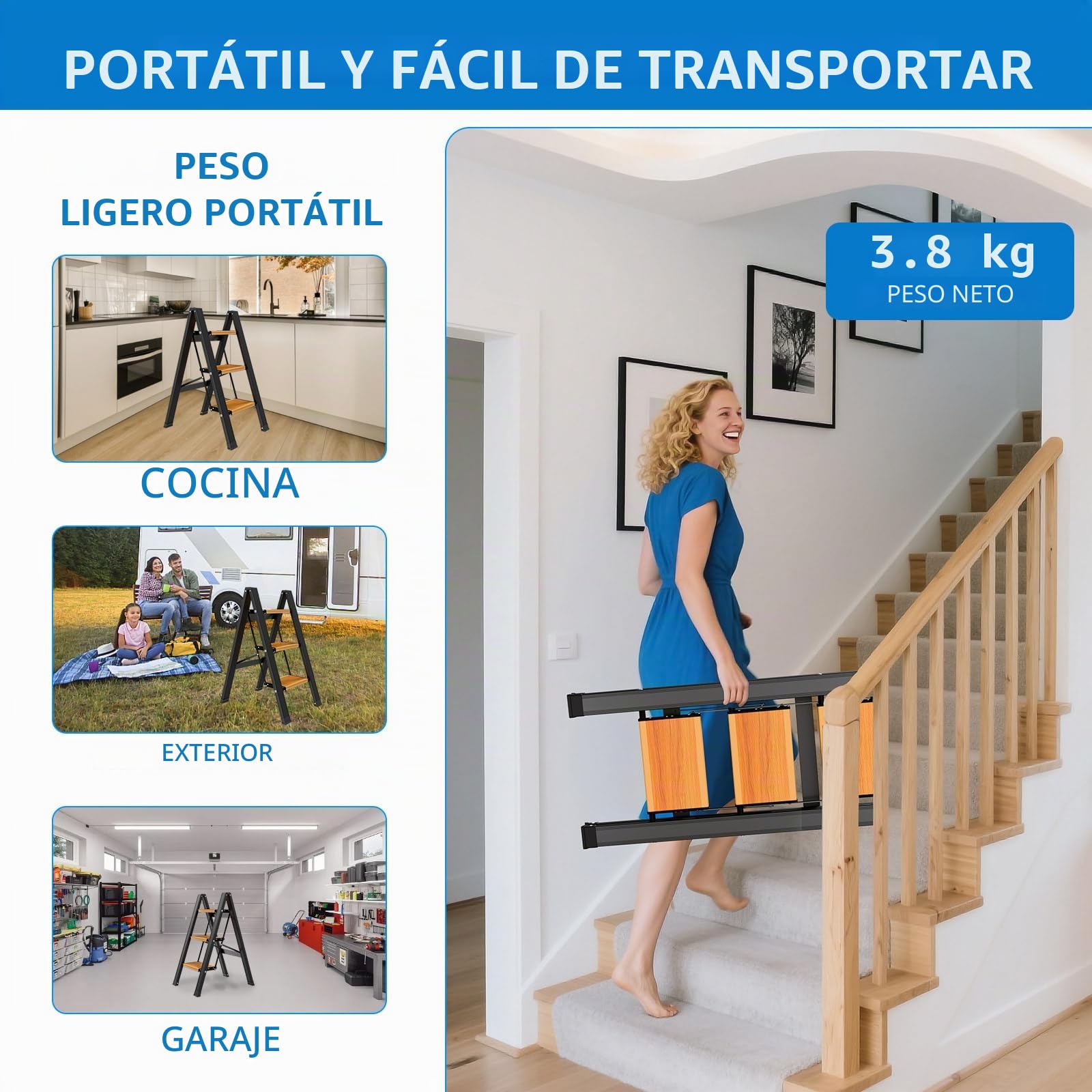 KULACO Escalera de Tijera Plegable de 3 peldaños, Escalera Plegable de Aluminio, Escalera Antideslizante para el hogar, Escalera de Tijera Ligera hasta 150 kg para el hogar, la Oficina, el Garaje