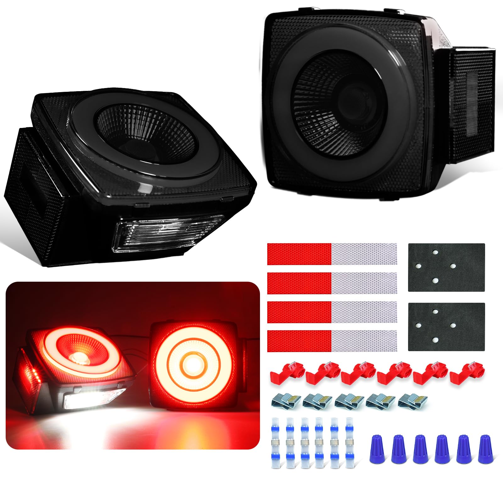 Square Halo 78 LEDs Trailer Lights,Stop Turn Brake License Combination Tail Light w/Stud Mount, IP67 Submersible for Under 80" Truck Boat RV [PatentPending], DC 12V (Smoked Lens_Red LED)