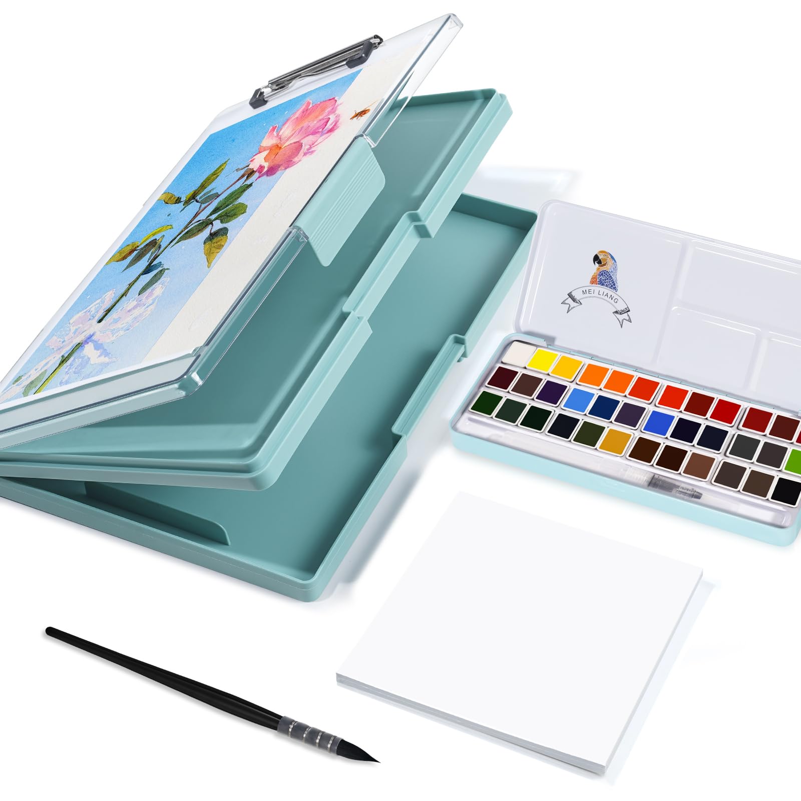 MEI LIANG Travel Watercolor Paint Set, Watercolor Set Includes 36 Colors Solid Watercolors + 7.5x7.5 inch 100% Cotton Watercolor Paper(20 Sheets) + 1