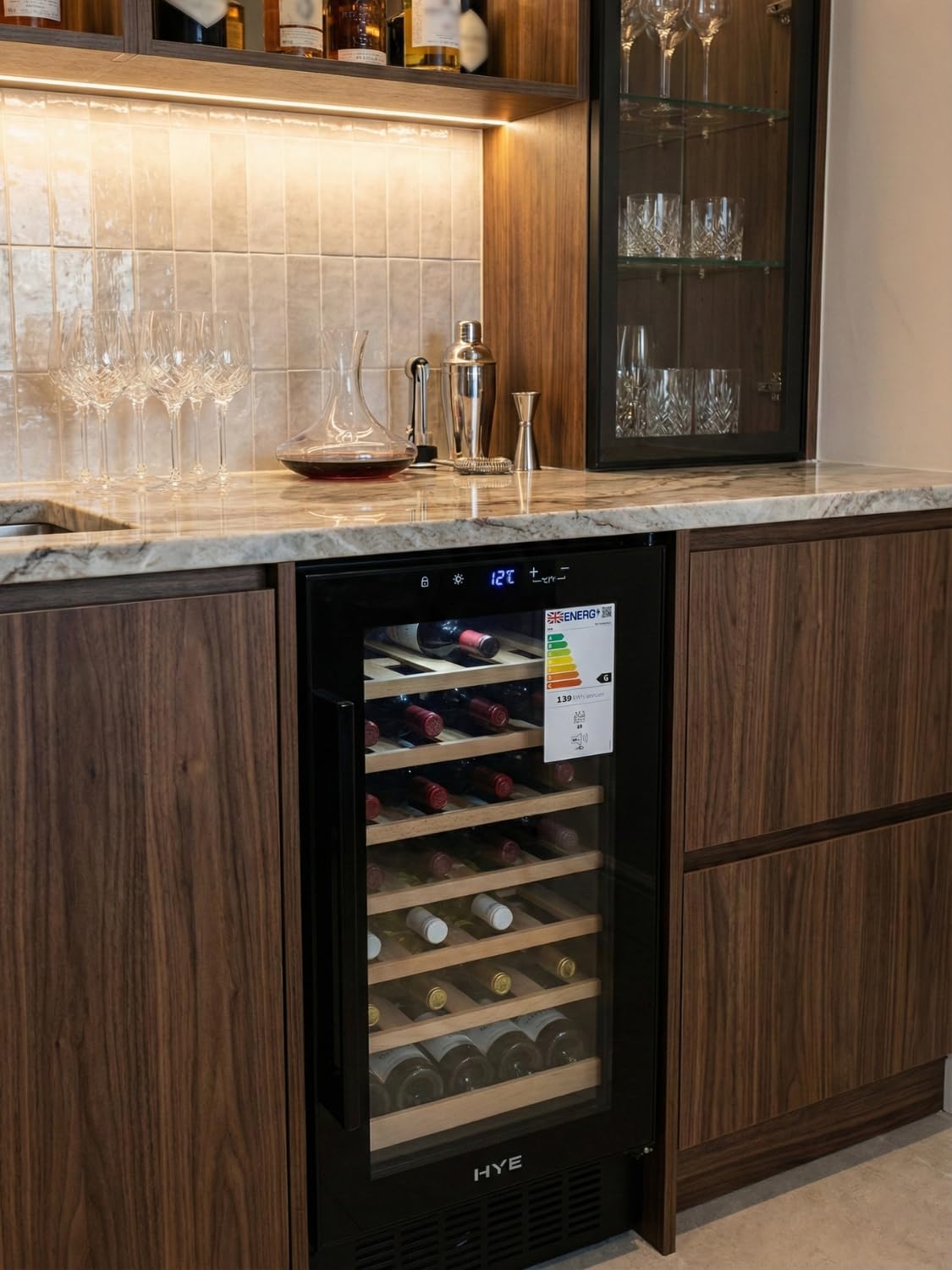 HYE Wine Cooler - Wine Fridge With 28 Bottle/88L Storage, 43CM Width, Wooden Shelves, LED Top Lighting, Temperature Range Adjustment, 40 dB Operation, Perfect For Collectors - RF01WC28B31 — view 6