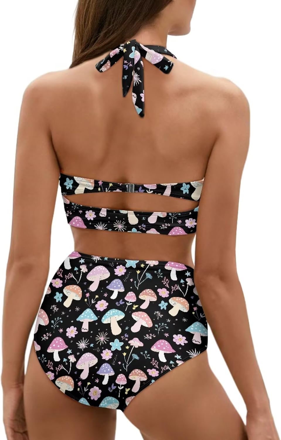 Mushroom & Fruit Print Women's Two-Piece Lace-up Swimsuit Halter Ruched High Waist Bikini Set