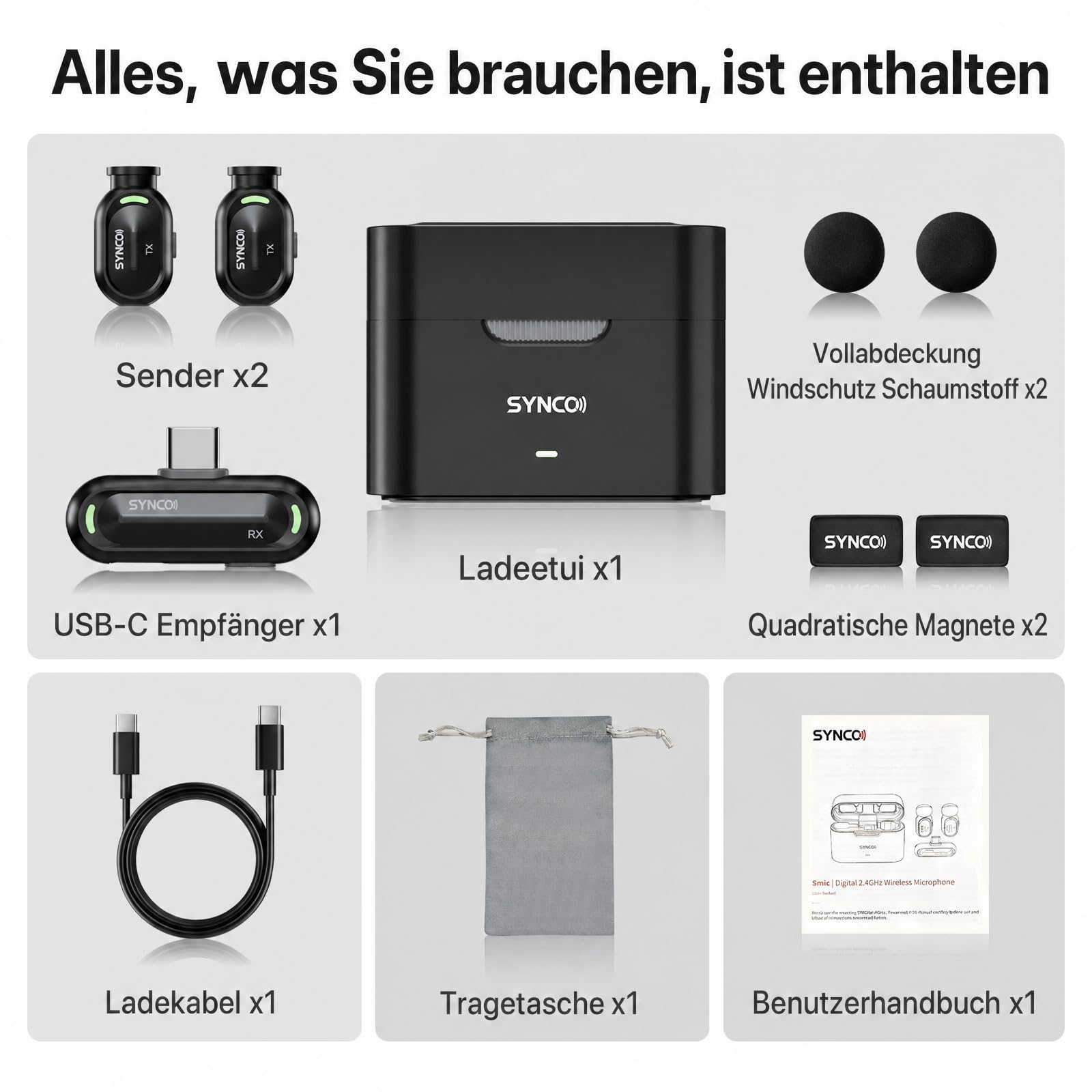 SYNCO SMICT KI Funkmikrofon für Android, Kabelloses Lavalier Mikrofon mit Echtzeit Übersetzung, AI App, Geräuschunterdrückung, USB-C, 2 Sender für Vlog, Streaming, Interview