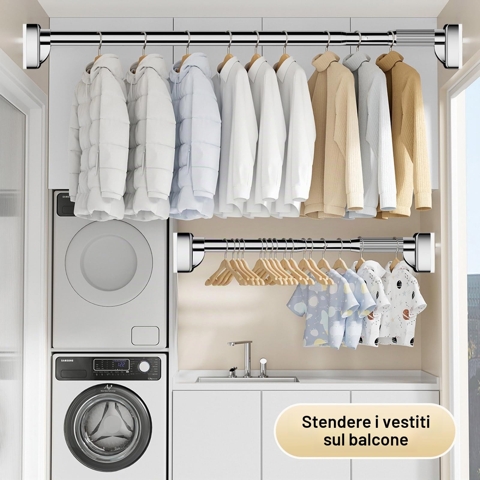 Bastone per Tenda Estensibile, astina Tenda Metallo, 410CM-500CM, Fissaggio Senza Trapano né Viti, per Bagno, Armadio, Finestra, Divisorio per Ambienti (Colore : Nero, Dimensione : 360-450CM)