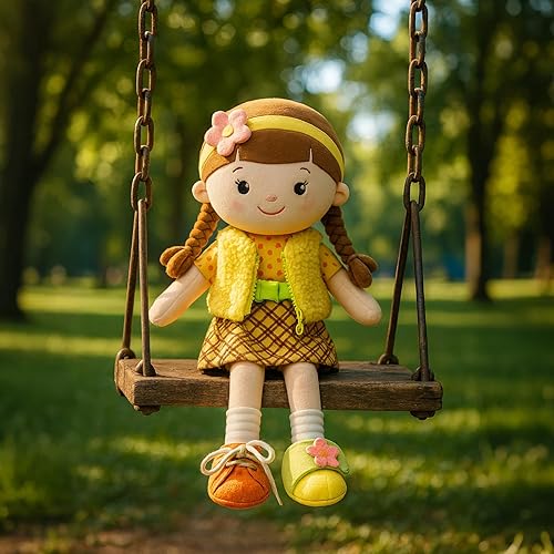 Miniatura 7 de Muñeca de trapo de felpa suave, regalo para niñas, amiga de peluche con hermoso vestido para niños pequeños, cumpleaños, en vestido amarillo, 16