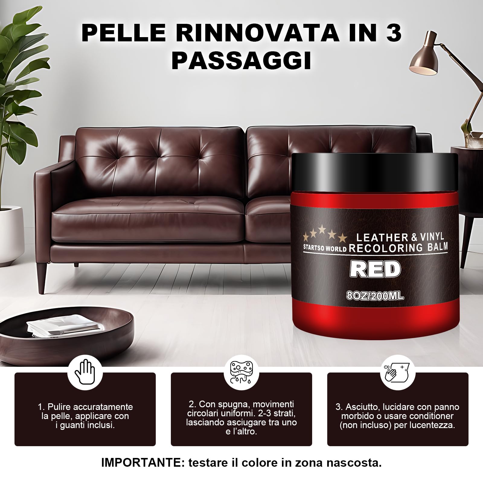 STARTSO WORLD 200ml Kit Riparazione Cuoio, Set Rosso per Arredamento, Divani e Sedili Auto - Tintura e Vernice per Riparazione Cuoio Decolorato e Graffiato