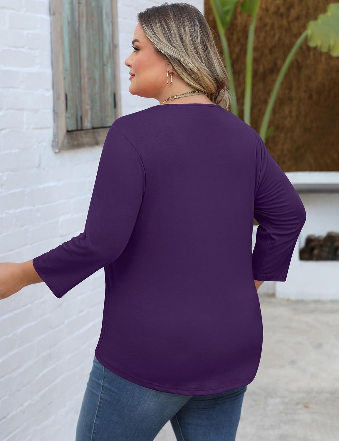 Romanstii Womens Plus Size Tops Casual 3/4 Sleeve V Neck T Shirt Loose Fit Tunic Blouse 1X-5X - Image 3