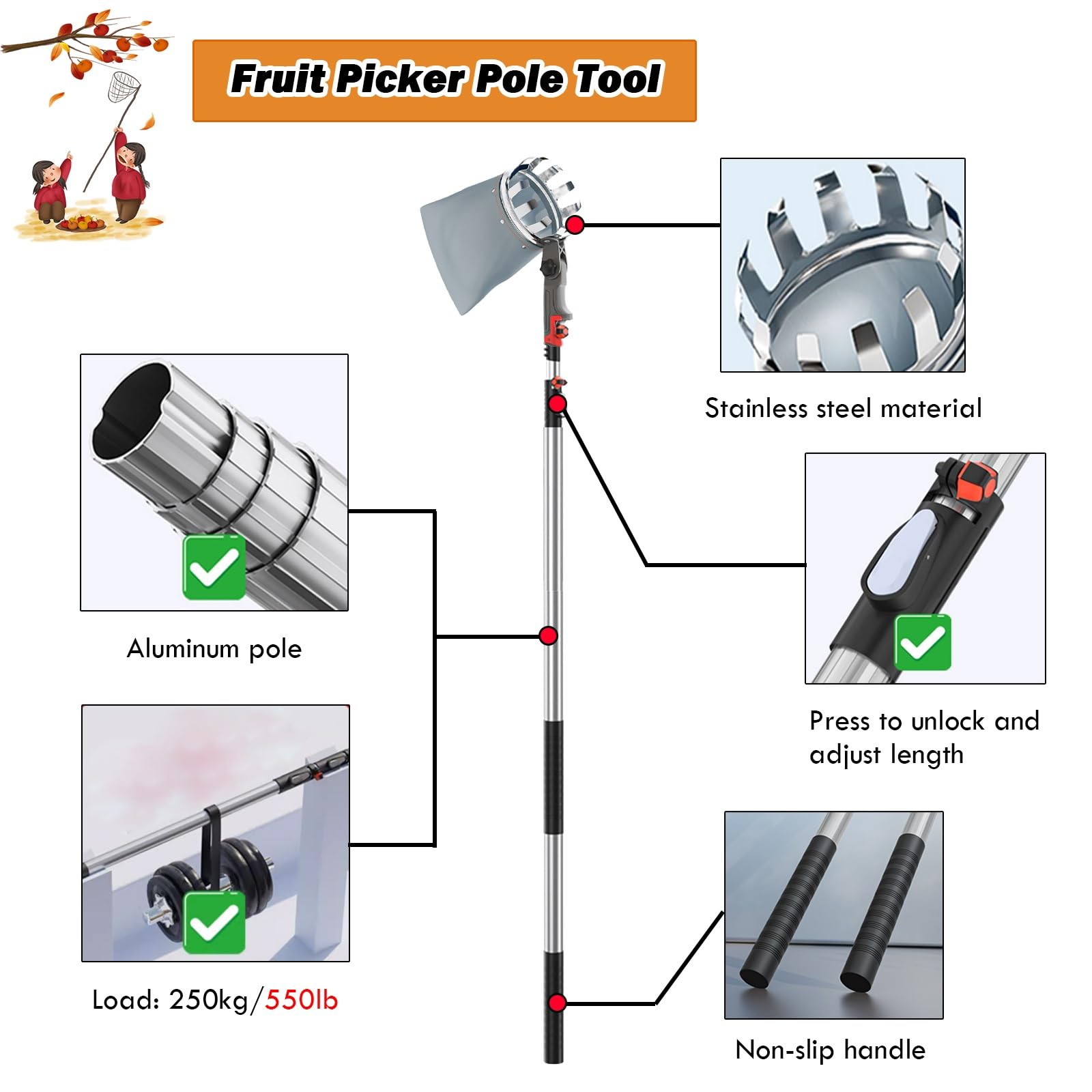 recoge fruta recogedor de frutas Herramienta para recoger frutas, cesta para recoger frutas con palo de extensión de 3, 5, 6 y 7 m para recolector de aguacates, bellotas, limones, peras y mangos(3m/65