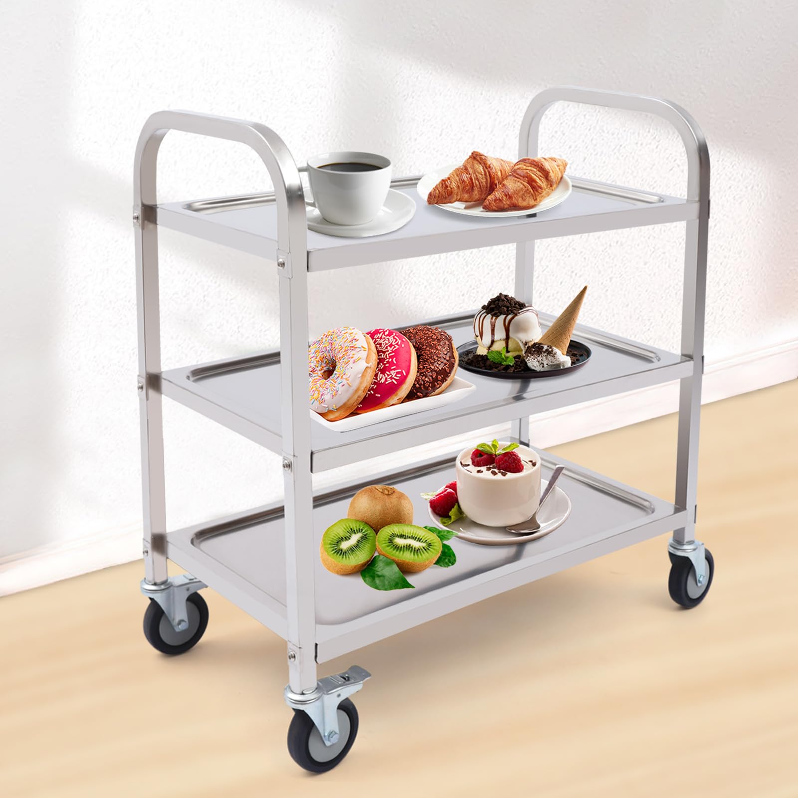 Carrello in acciaio inox a tre livelli con ripiani e ruote, carrello di servizio catering, stazione di lavoro della cucina, adatto per ristoranti, biblioteche, cucine e soggiorno