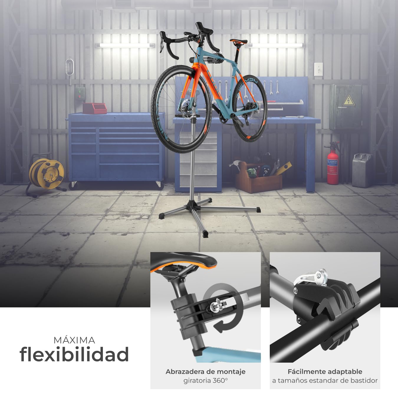 tectake® Soporte Bicicleta Suelo, Ajustable en Altura, Giratorio 360º, Soporte Bici Plegable con Bandeja, Herramientas Bicicleta Montaña o Carretera, Fácil Montaje, Firme y Estable, Carga máxima 45 kg