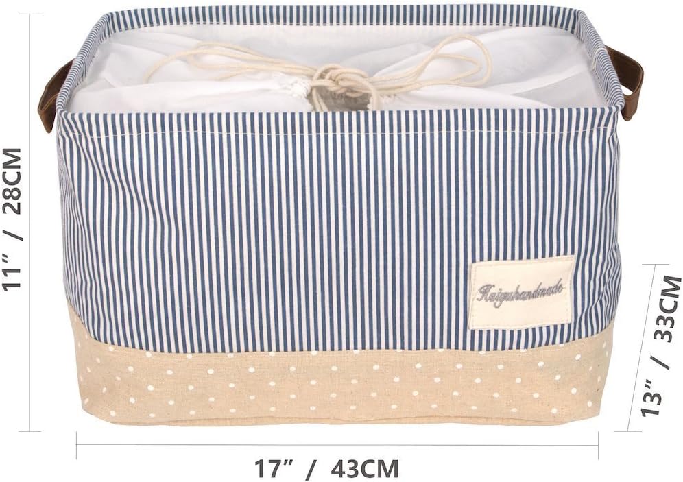 DOKEHOM 17-Inches Storage Basket with Lid, Drawstring Large Square Collapsible Canvas Laundry Hamper for Clothes Toy (Navy Blue, L)