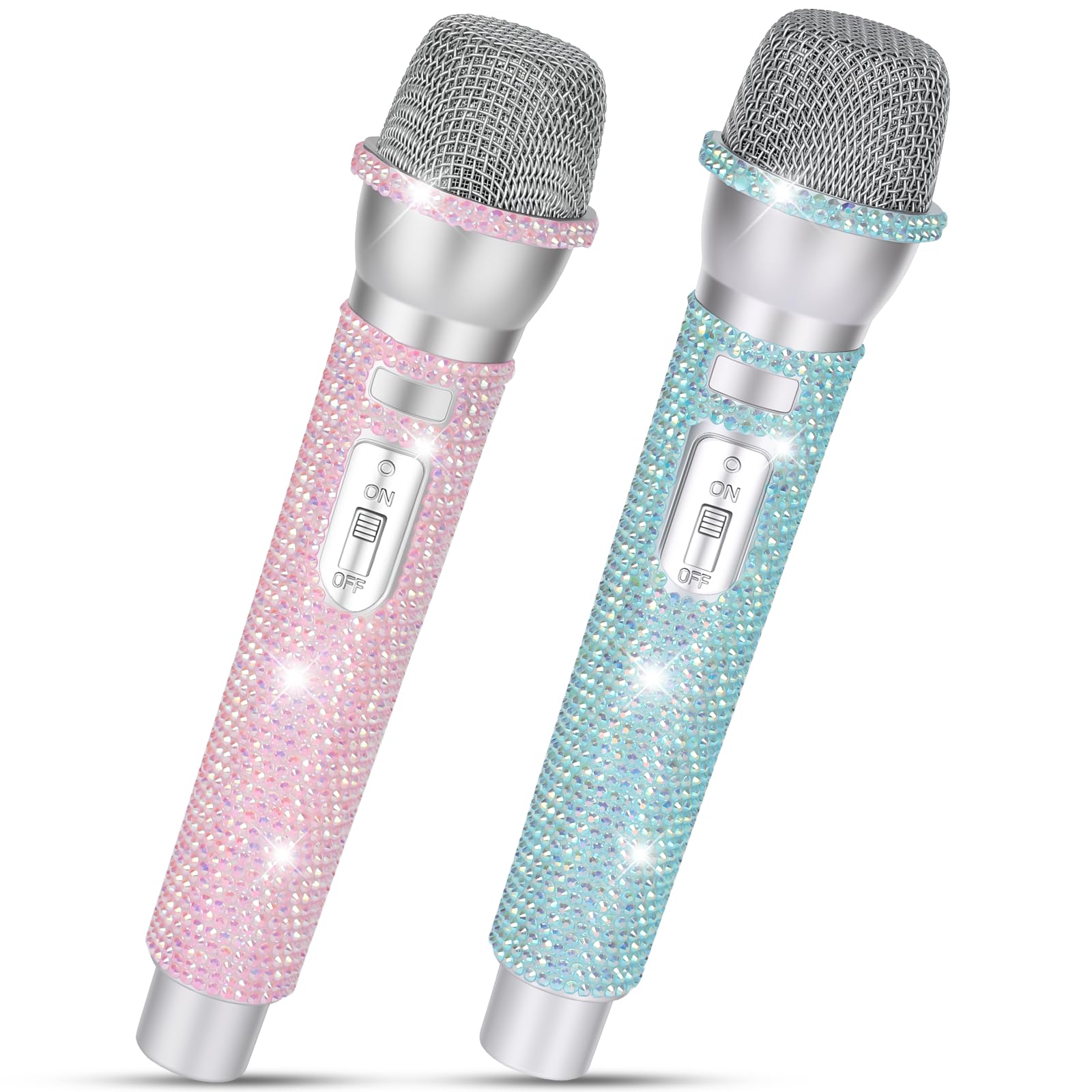 2 Rhinestone Microphone Prop, Sparkly Bling Fake Microphones Blue Pink