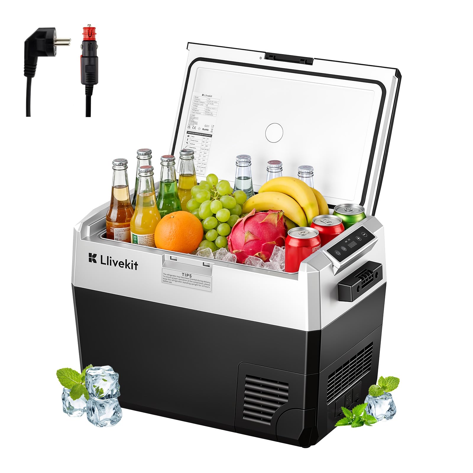 LLIVEKIT 40L Kompressor Kühlbox, -20~20°C, Tragbarer Kühlschrank, 12/24V DC | 100-240V AC, mit Beleuchtung, für Auto, LKW, Camping, Boot, Zuhause, AC und DC-Kabel, Schwarz