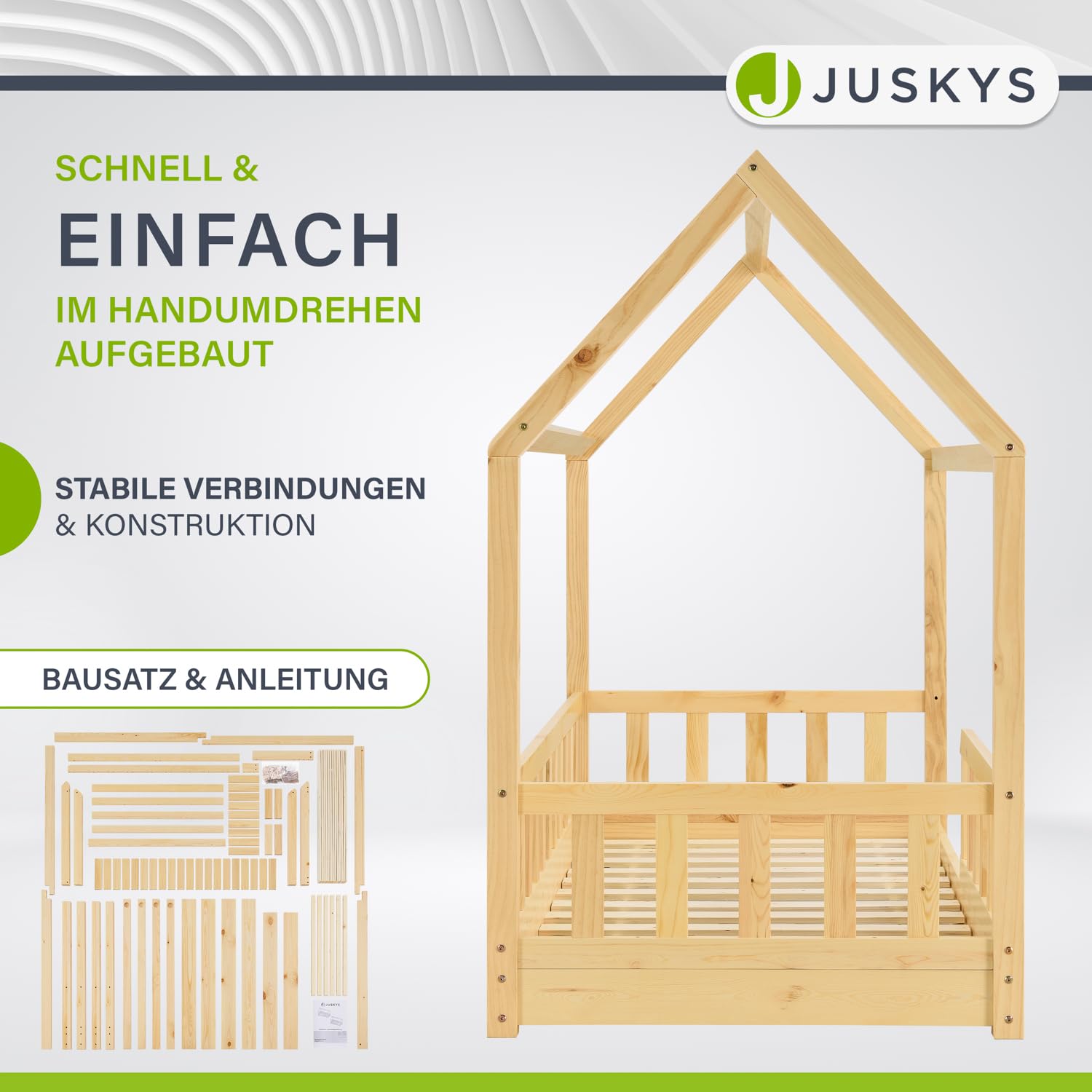 Juskys® Kinderbett Marli 90 x 200 cm mit Rausfallschutz, Lattenrost und Dach - Massivholz Hausbett für Kinder - Bett in Natur