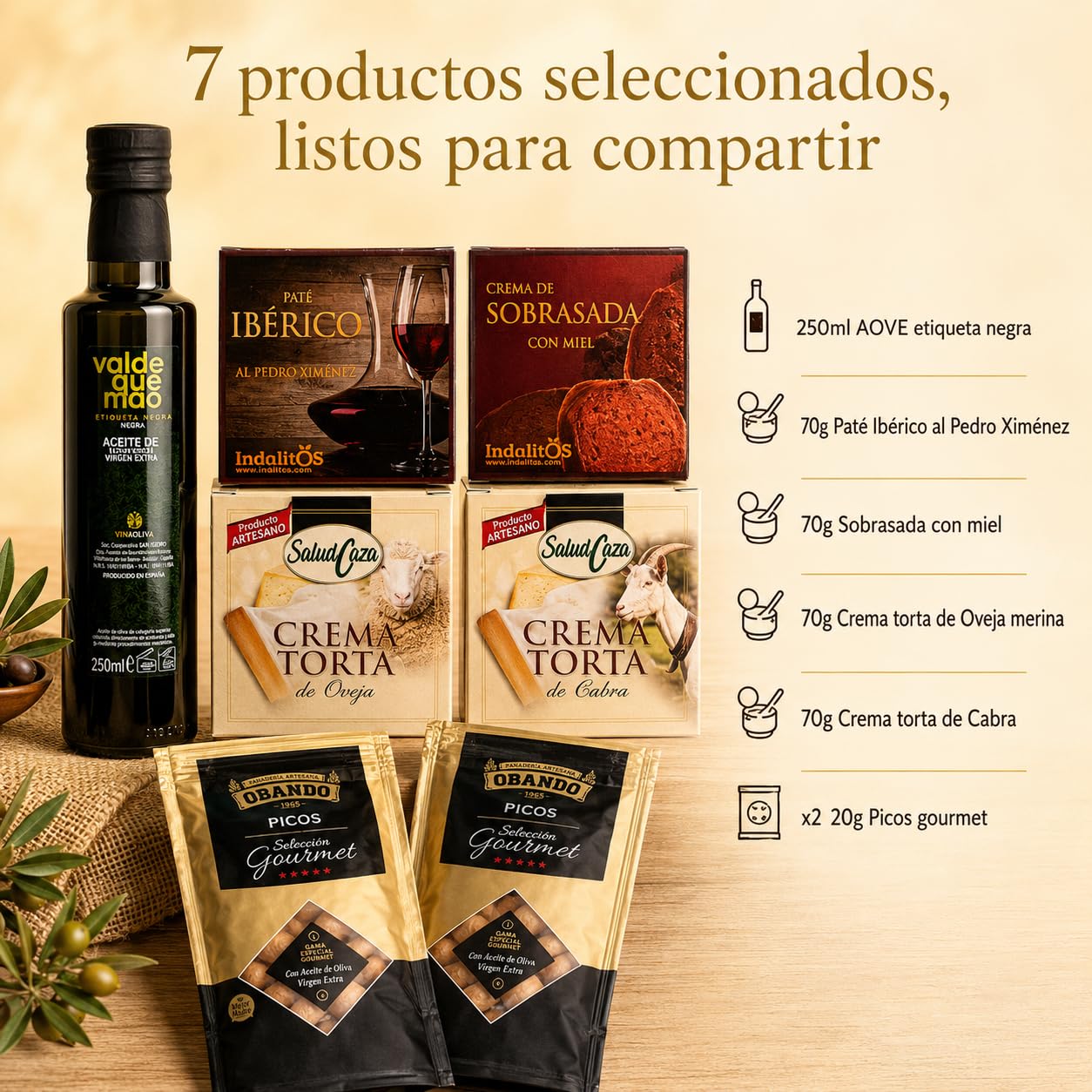 Cesta Gourmet para Regalar ACROL, Aceite oliva virgen extra 250 ml, cremas torta Oveja y Cabra, paté iberico, sobrasada con miel y picos artesanos, regalo cumpleaños mujer, regalos para hombres