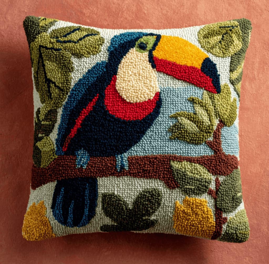 Latch Hook DIY Pillow Kit,Jungle Bird Handmade Cushion Cover 43X43Cm